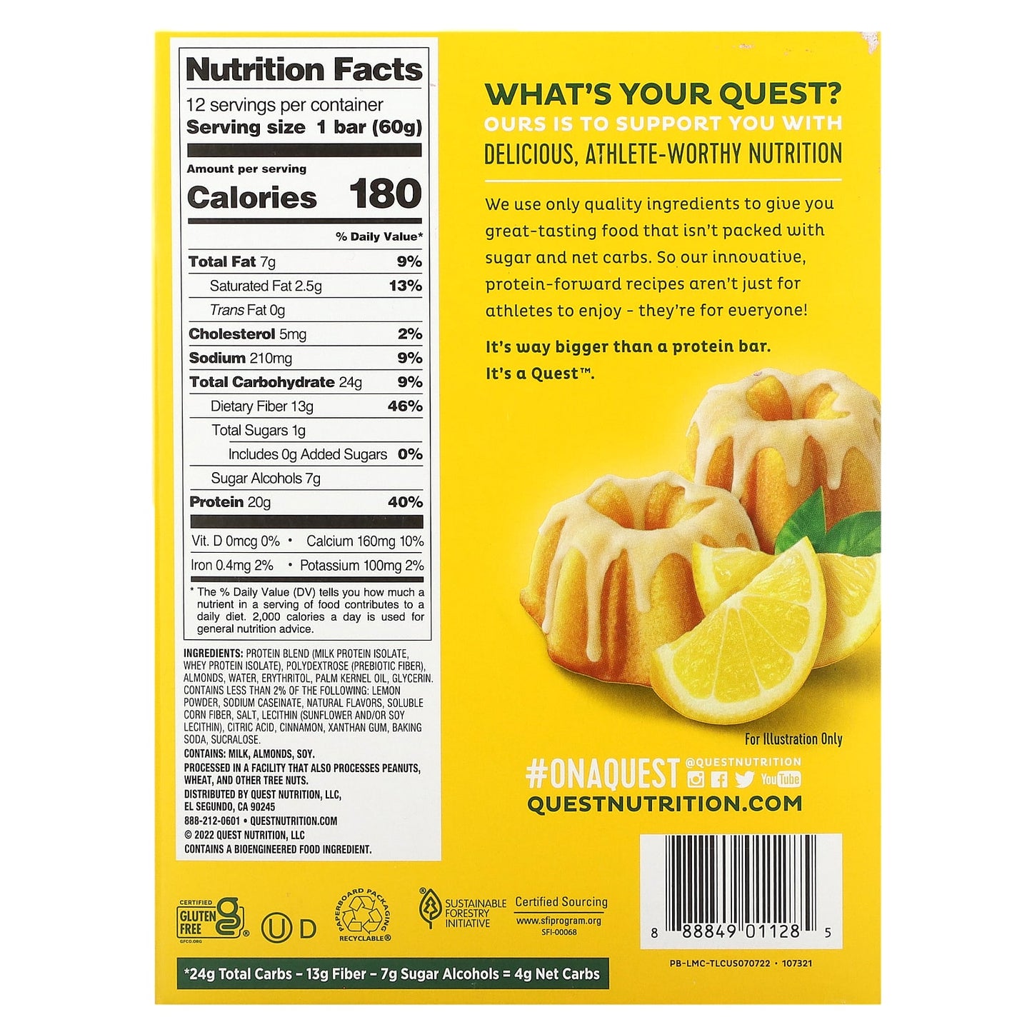 Quest Nutrition, Protein Bar, Lemon Cake, 12 Bars, 2.12 oz (60 g) Each