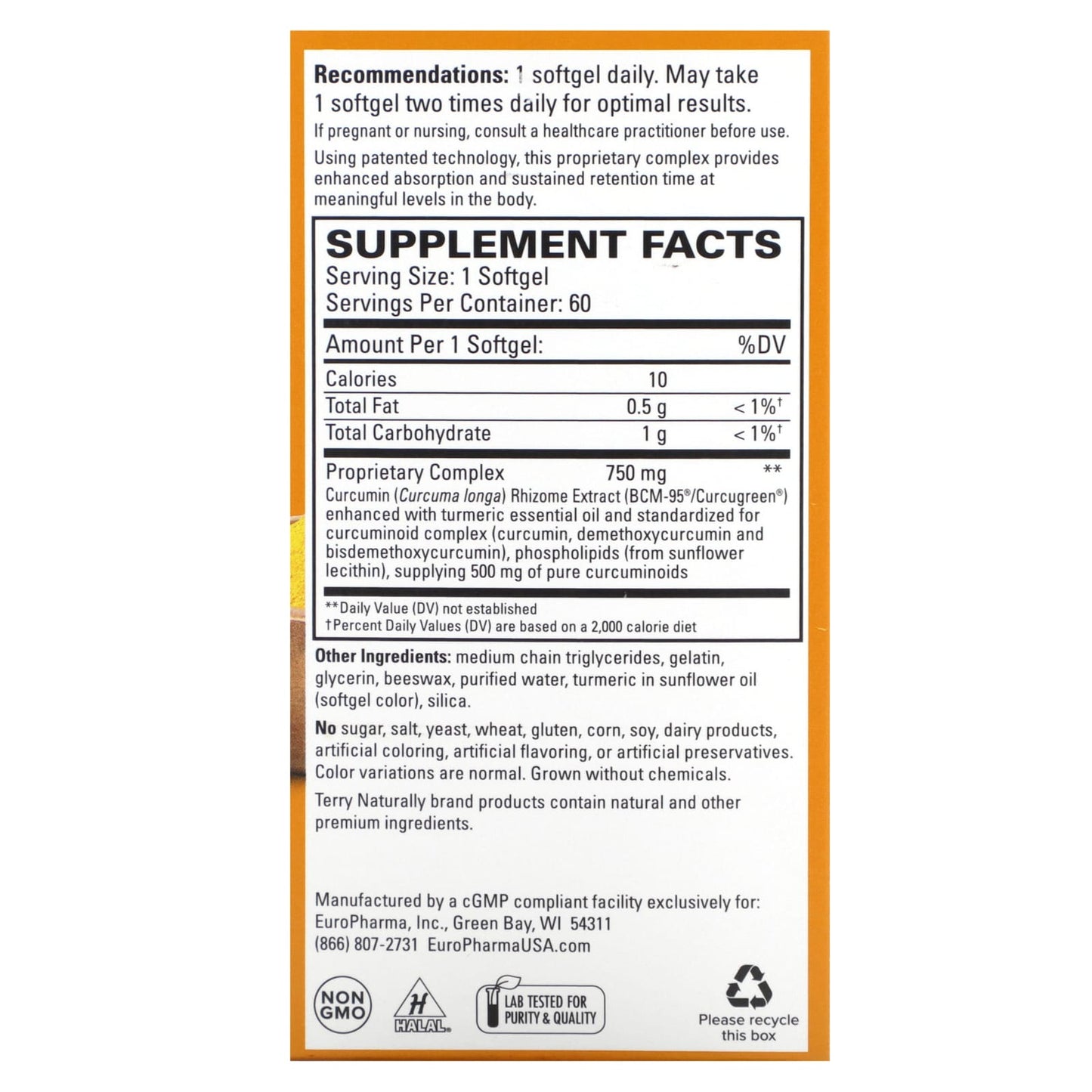 Terry Naturally, CuraMed, Superior Absorption Curcumin, 750 mg, 60 Softgels