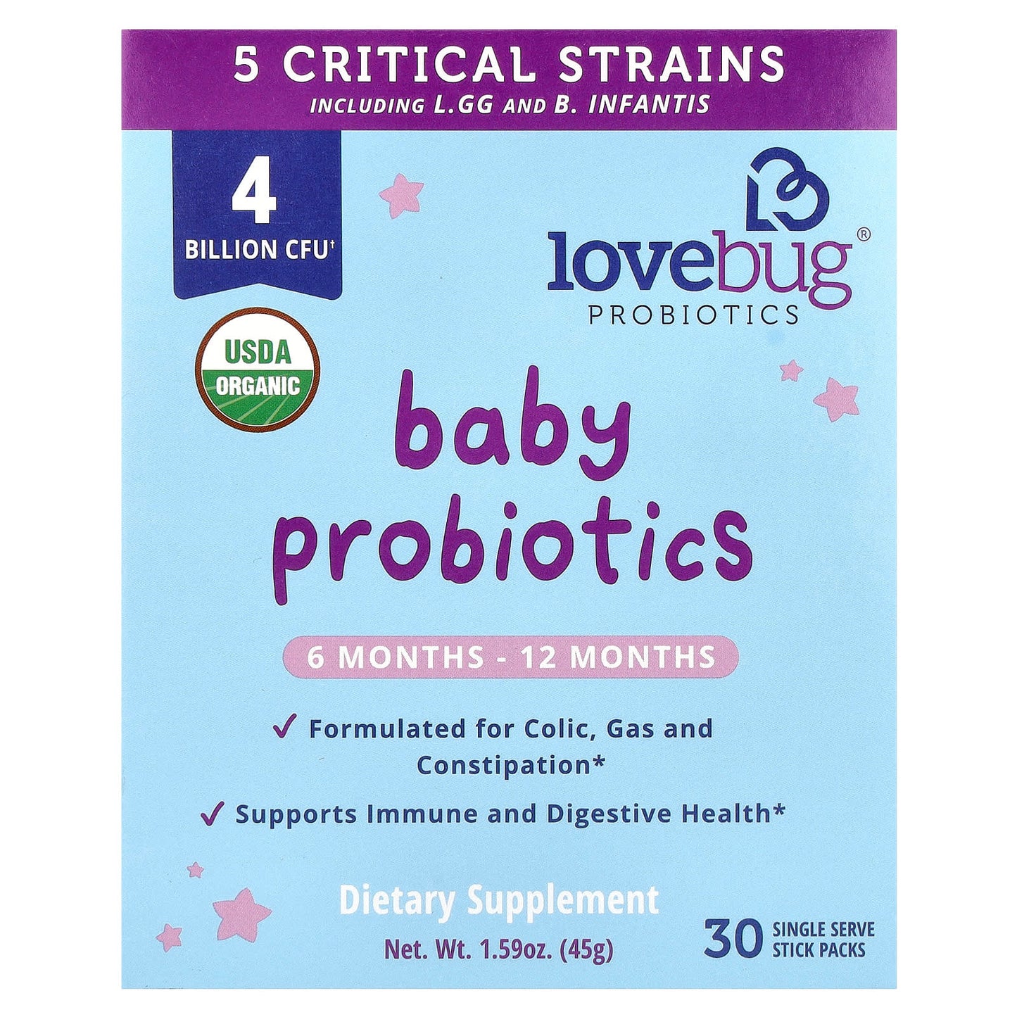 LoveBug Probiotics-Baby Probiotics-6-12 Months-4 Billion CFU-30 Single Serve Stick Packs