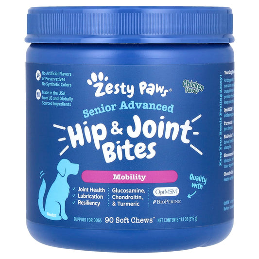 Zesty Paws-Senior Advanced-Hip & Joint Bites-For Dogs-Chicken-90 Soft Chews-11.1 oz (315 g)