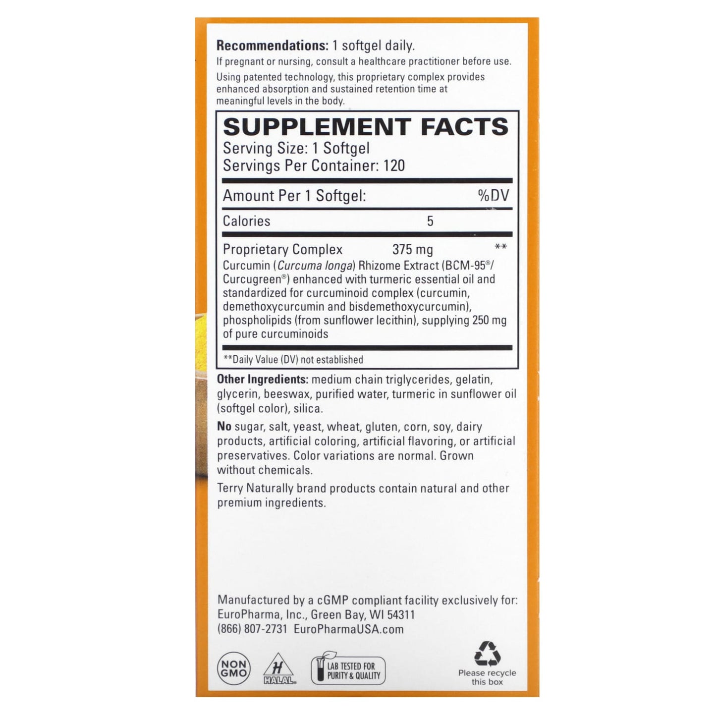 Terry Naturally, CuraMed, Superior Absorption Curcumin, 375 mg, 120 Softgels