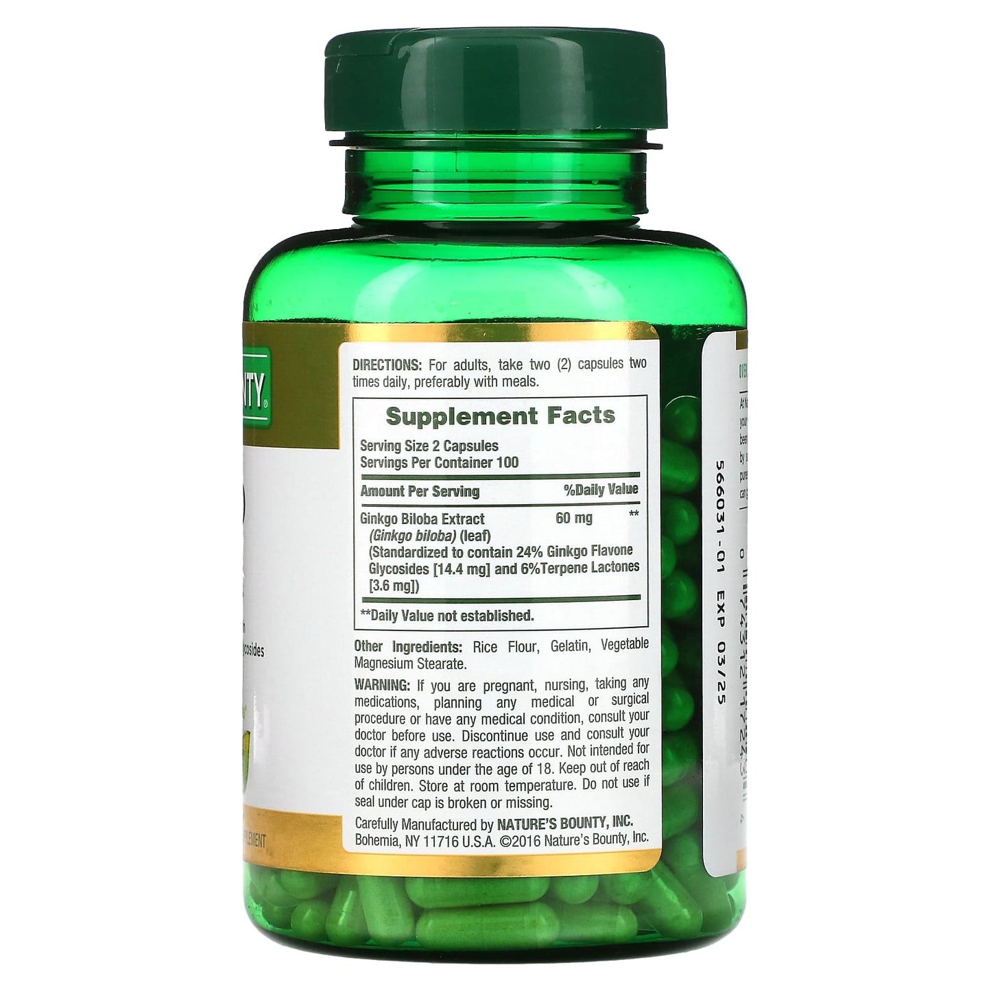 Nature's Bounty, Ginkgo Biloba, 60 mg, 200 Capsules (30 mg per Capsule)