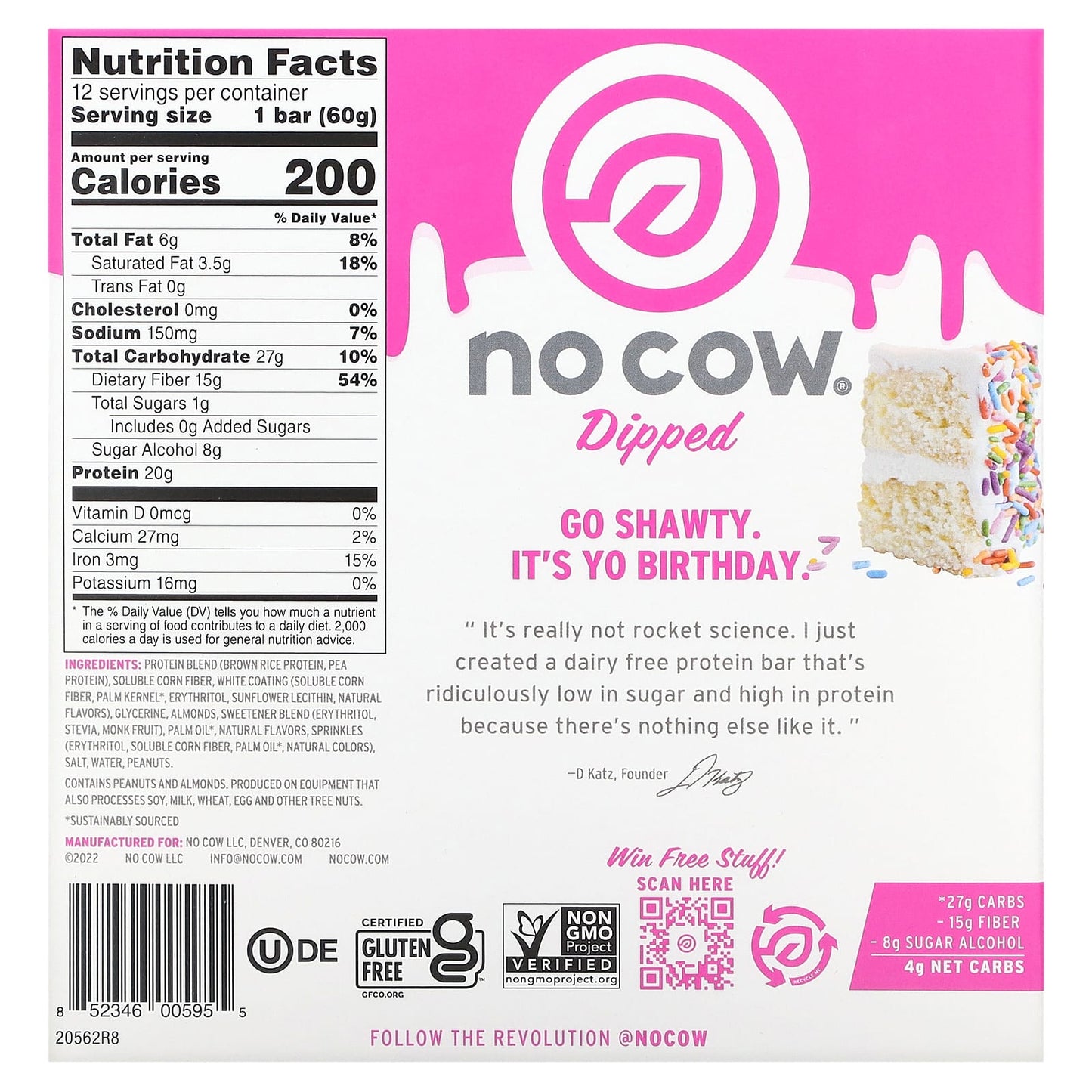 No Cow, Dipped Protein Bar, Birthday Cake, 12 Bars, 2.12 oz (60 g) Each