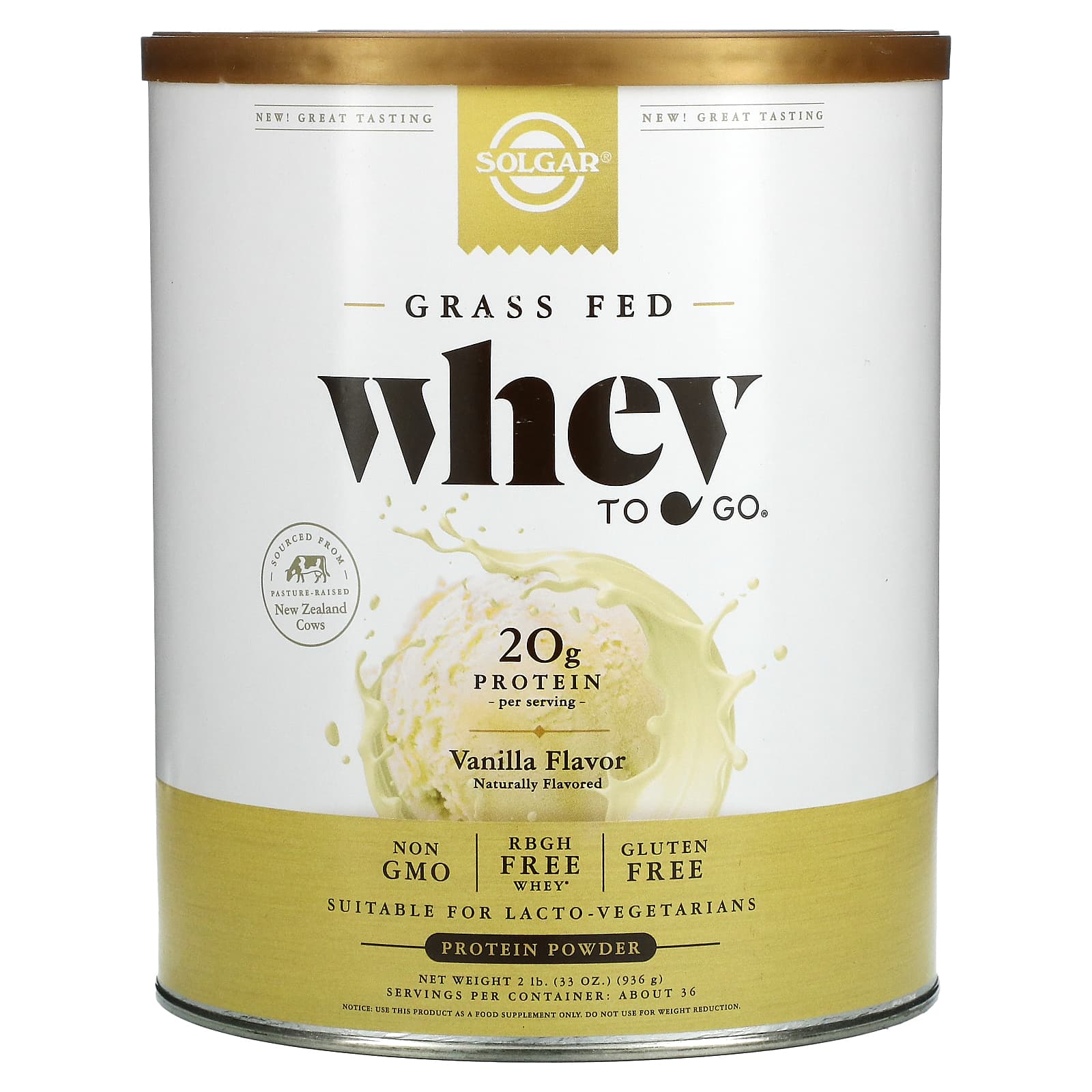 Solgar-Grass Fed Whey To Go- Protein Powder-Vanilla-2 lb (936 g)