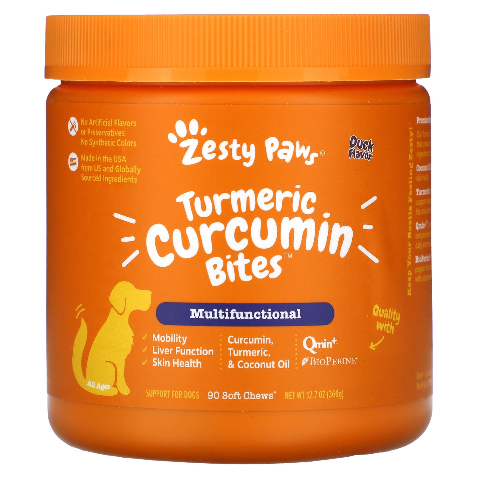 Zesty Paws-Turmeric Curcumin Bites for Dogs-Multifunctional-All Ages-Duck-90 Soft Chews-12.7 oz (360 g)