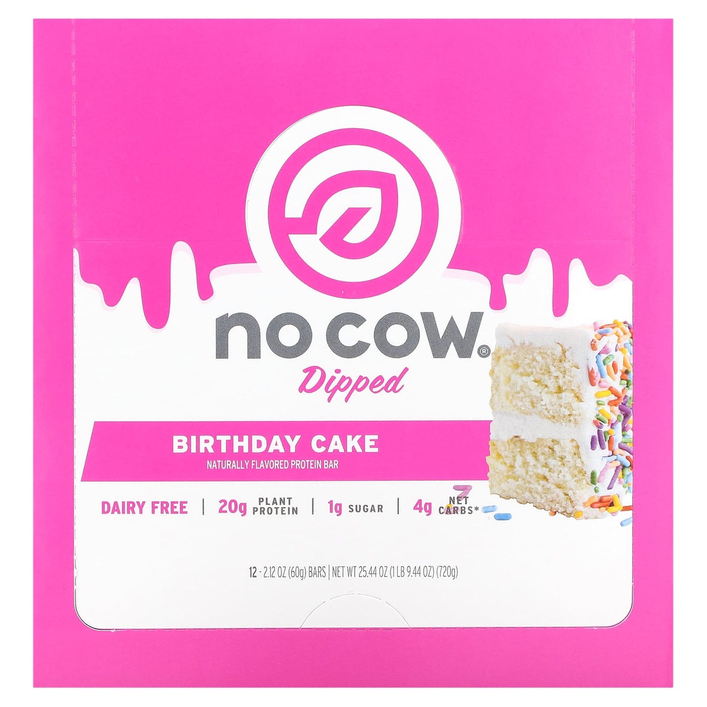 No Cow-Dipped Protein Bar-Birthday Cake-12 Bars-2.12 oz (60 g) Each