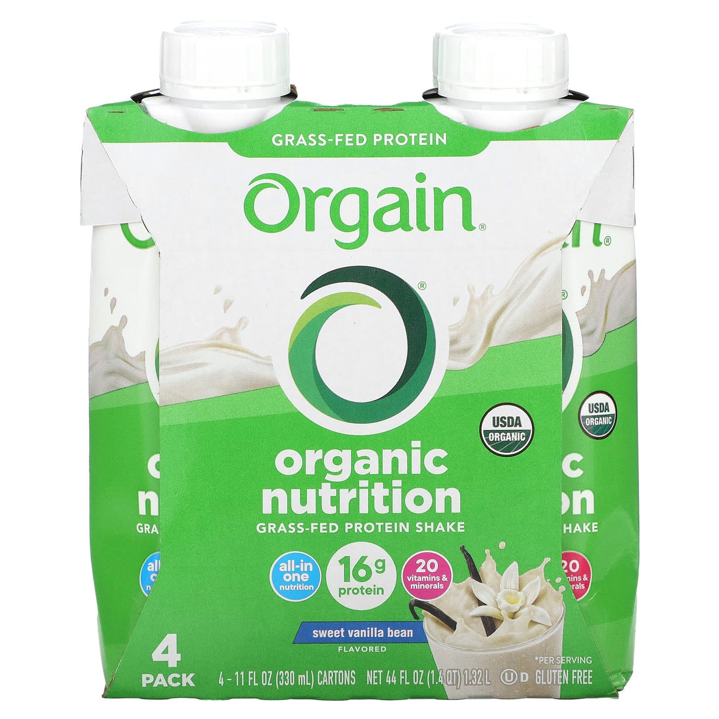 Orgain-Organic Nutrition-Grass-Fed Protein Shake- Sweet Vanilla Bean-4 Pack-11 fl oz (330 ml) Each