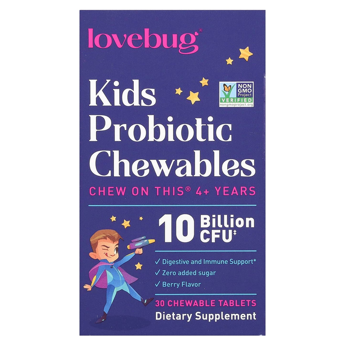 LoveBug Probiotics-Kids Probiotics-4+ Years-Berry-10 Billion CFU-30 Chewable Tablets