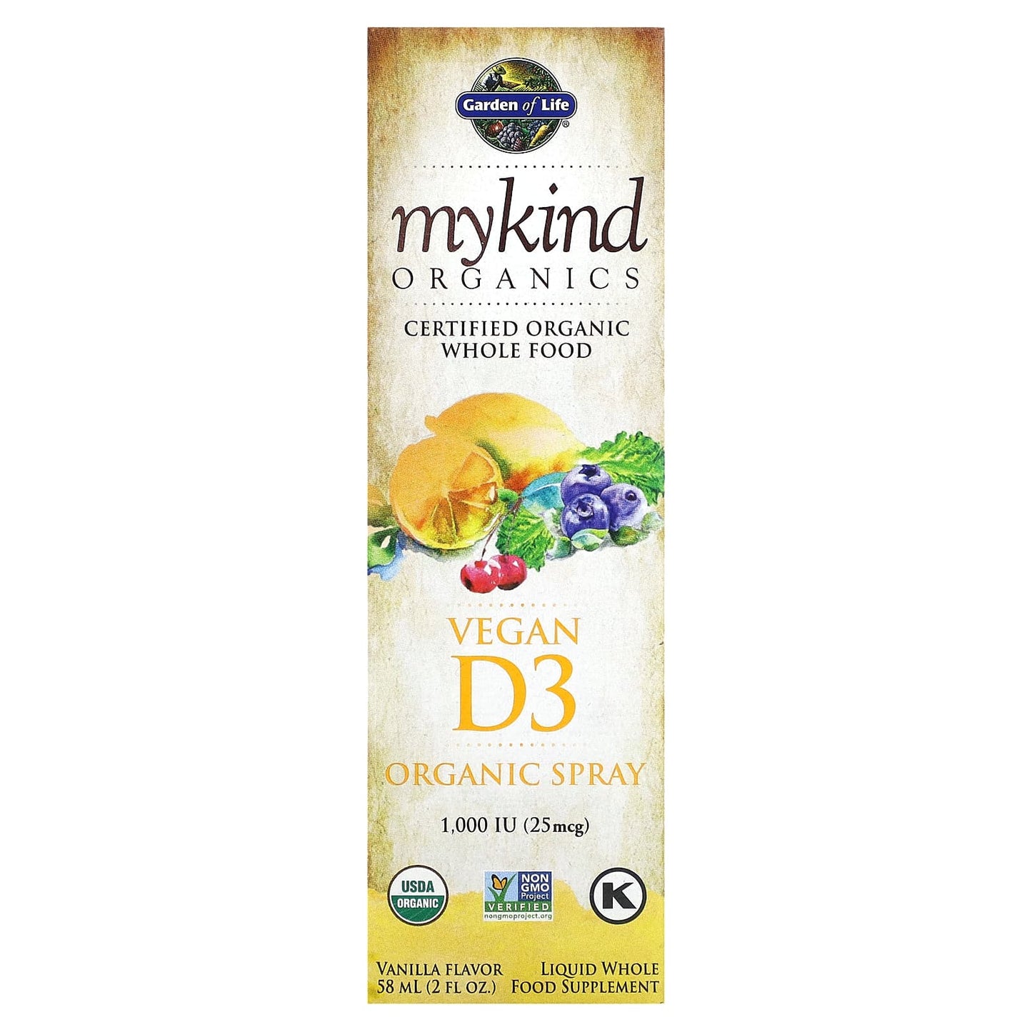 Garden of Life-MyKind Organics-Vegan D3 Organic Spray-Vanilla-25 mcg (1,000 IU)-2 fl oz (58 ml)