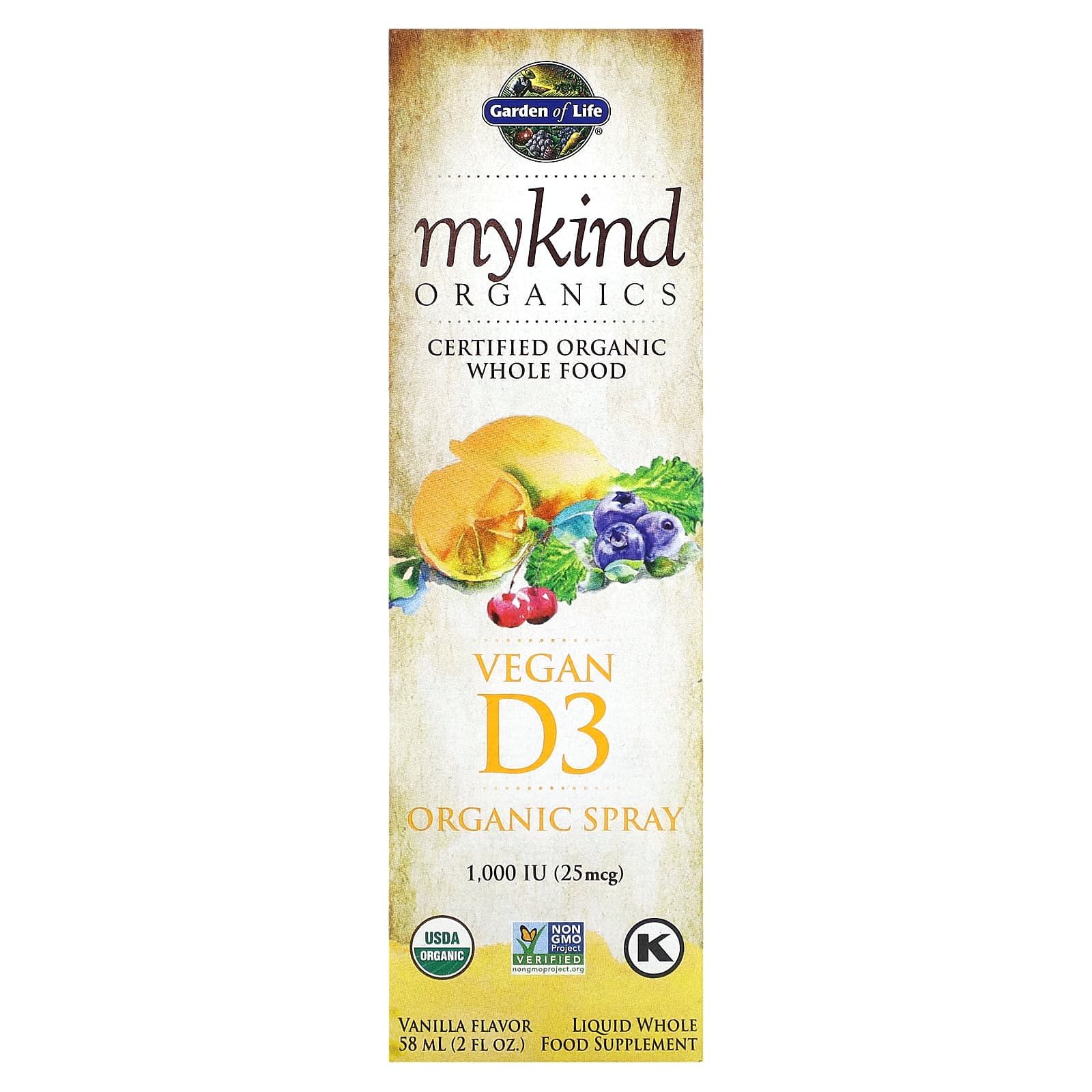 Garden of Life-MyKind Organics-Vegan D3 Organic Spray-Vanilla-25 mcg (1,000 IU)-2 fl oz (58 ml)