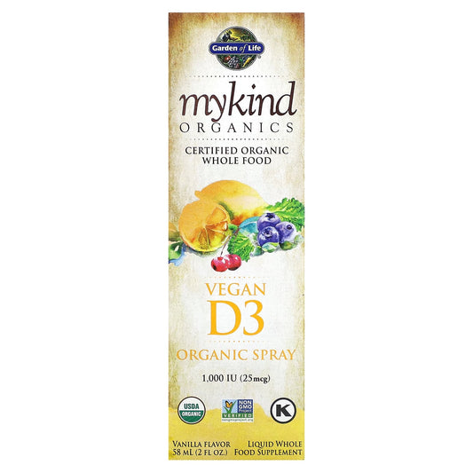 Garden of Life-MyKind Organics-Vegan D3 Organic Spray-Vanilla-25 mcg (1,000 IU)-2 fl oz (58 ml)