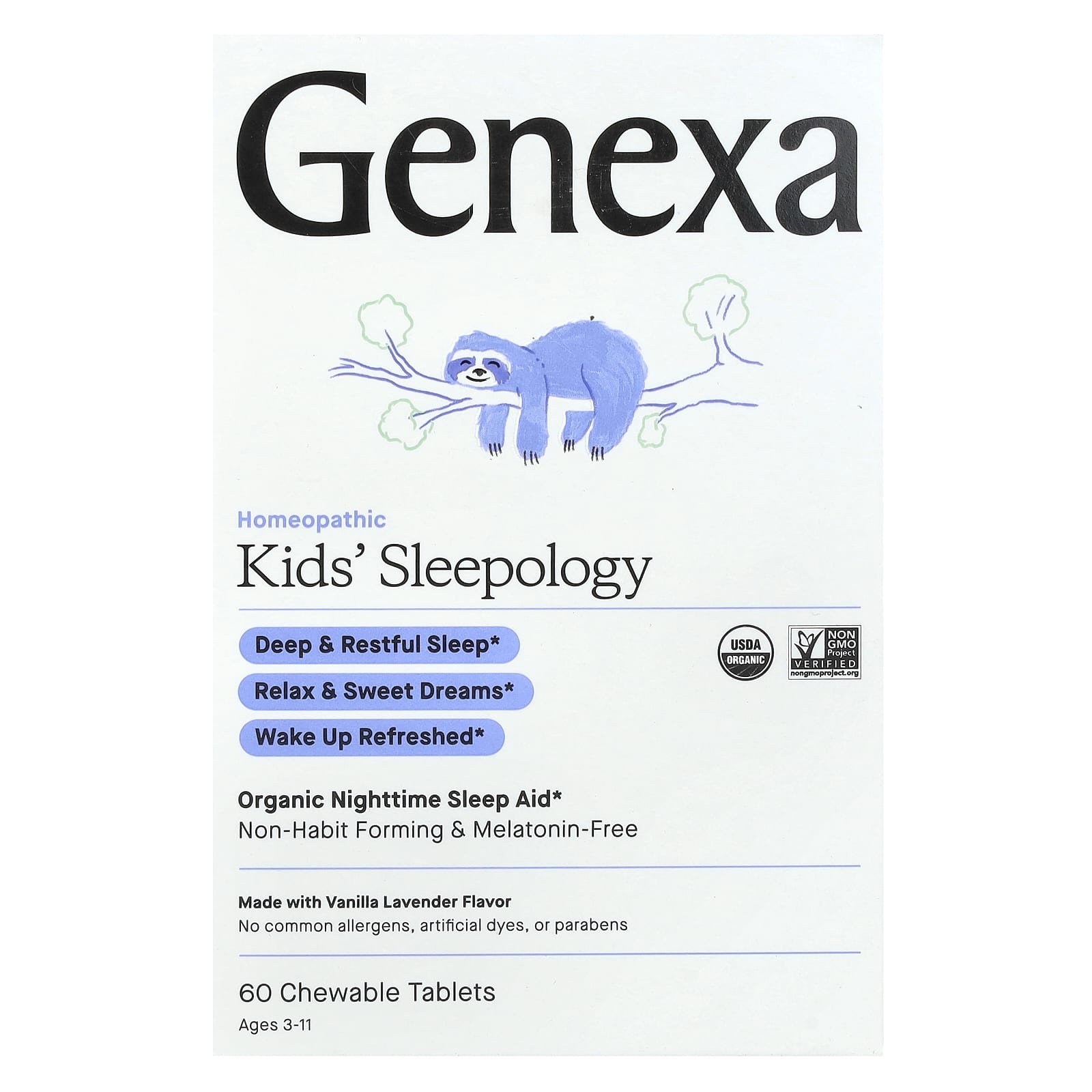 Genexa-Kids' Sleepology-Organic Nighttime Sleep Aid-Ages 3-11-Vanilla Lavender-60 Chewable Tablets