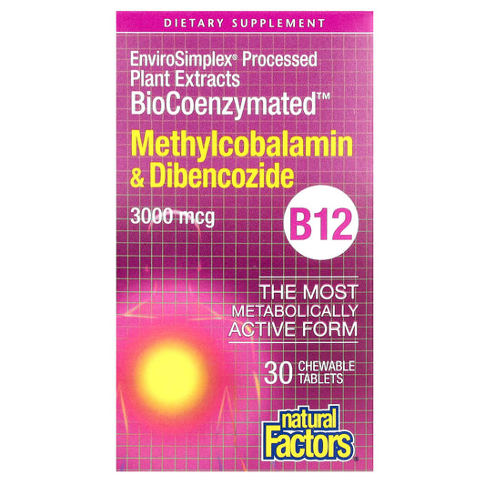 Natural Factors-BioCoenzymated-Methylcobalamin & Dibencozide-B12-3,000 mcg-30 Chewable Tablets