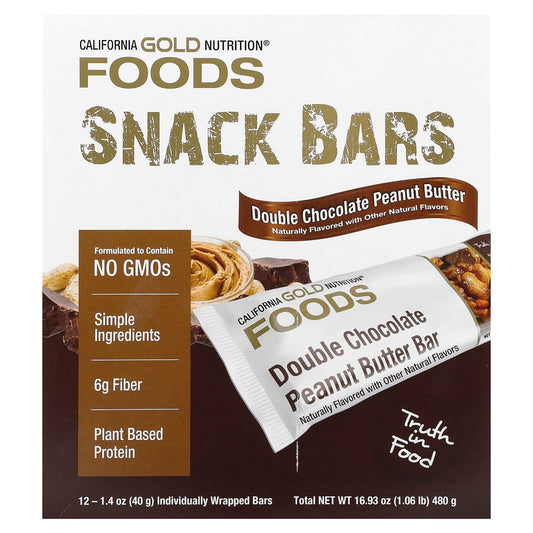 California Gold Nutrition-FOODS - Double Chocolate Peanut Butter Flavor Bars-12 Bars-1.4 oz (40 g) Each