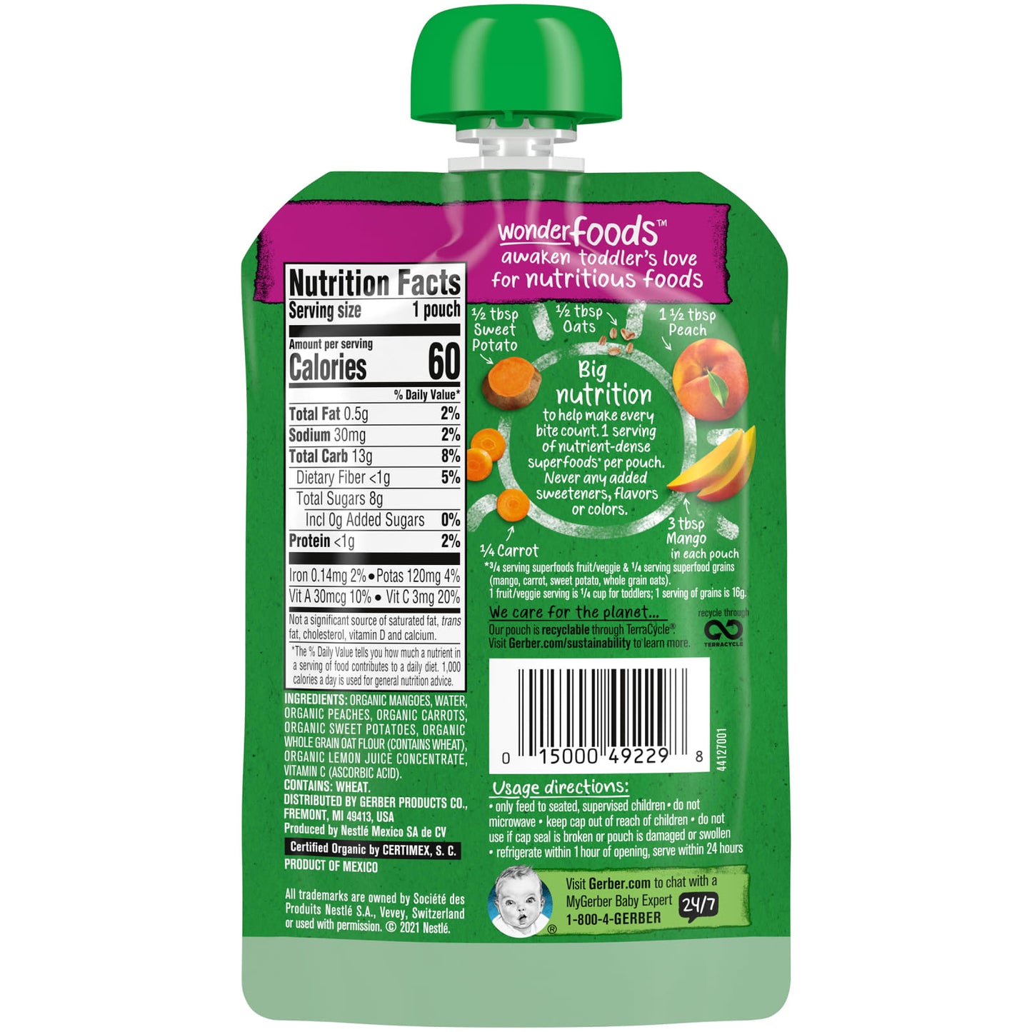 Gerber, Organic for Toddler, WonderFoods, 12+ Months, Mango Peach Carrot Sweet Potato Oatmeal, 3.5 oz (99 g)