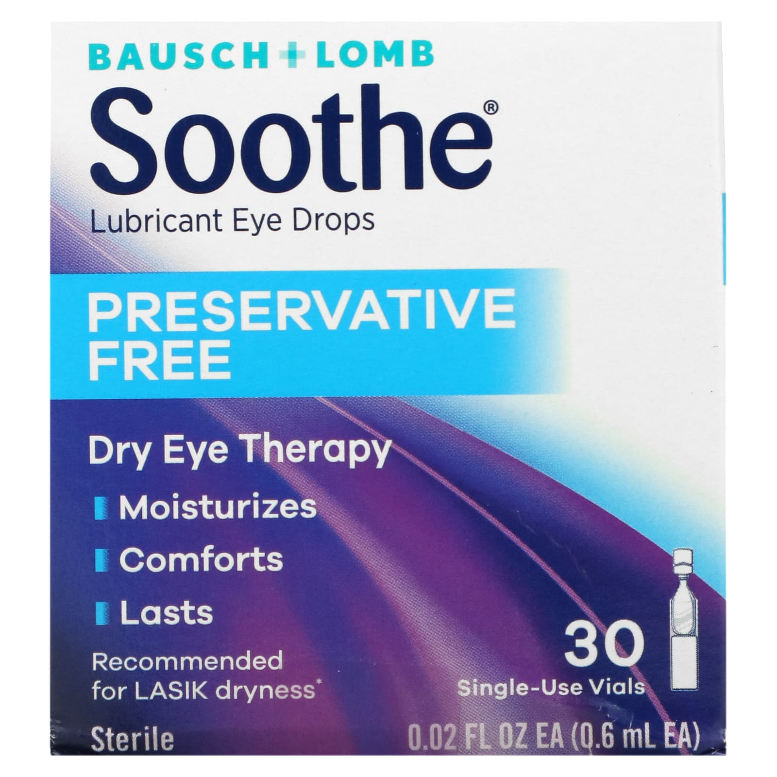 Bausch + Lomb-Soothe-Lubricant Eye Drops-Preservative Free-30 Single-Use Vials-0.02 fl oz (0.6 ml) Each