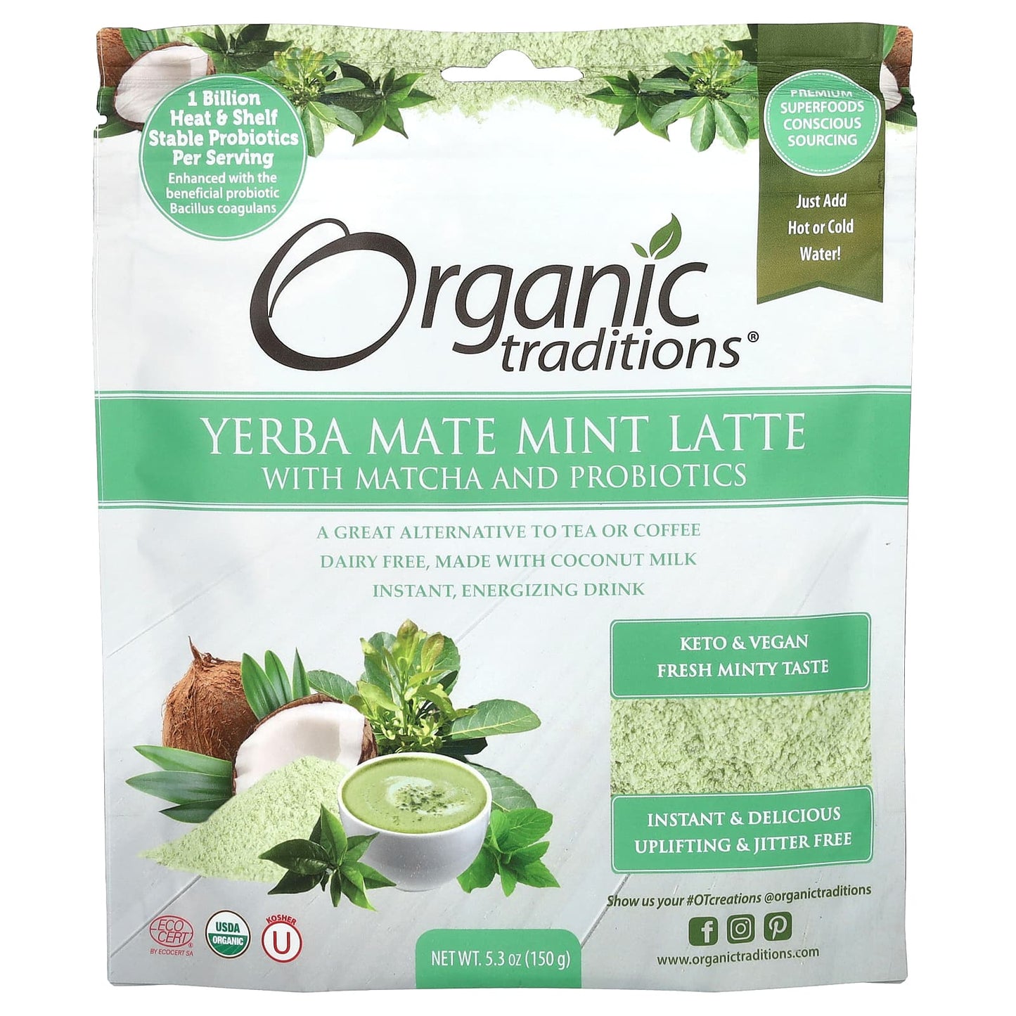 Organic Traditions-Yerba Mate Mint Latte with Matcha and Probiotics-5.3 oz (150 g)