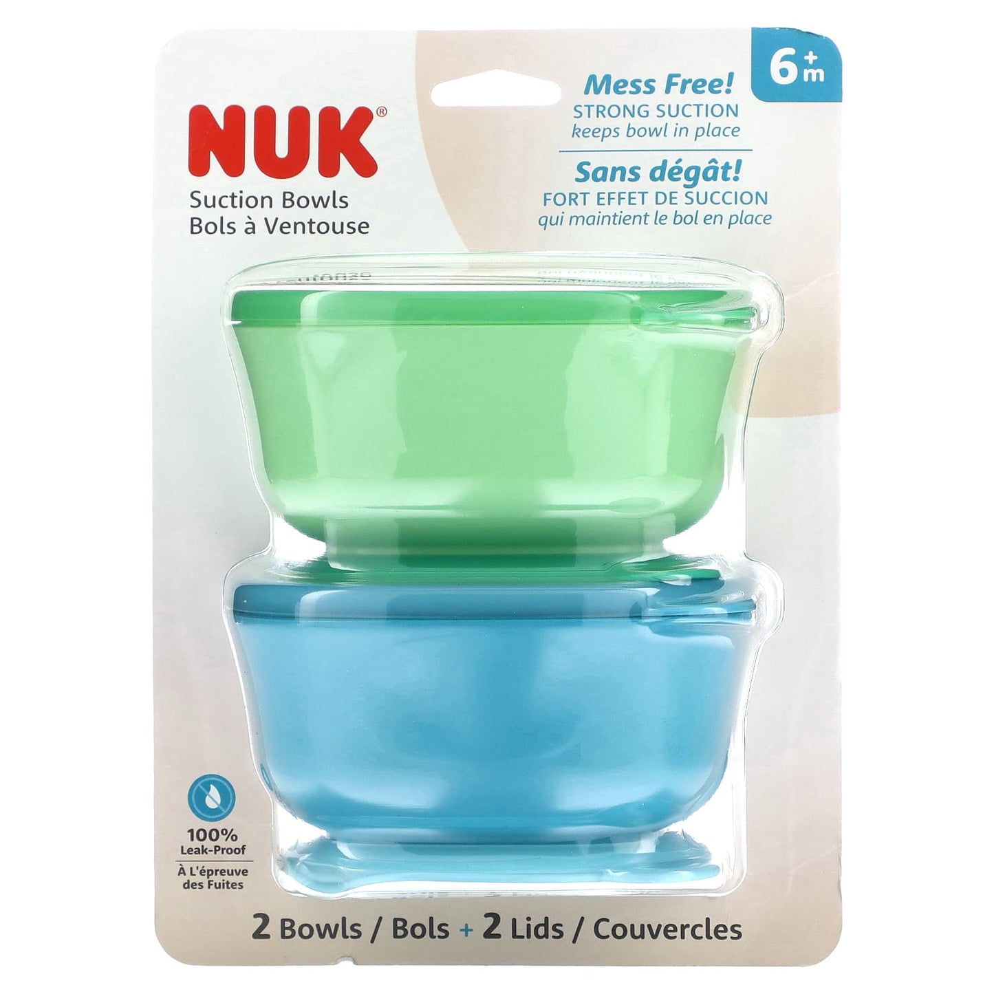 NUK-Suction Bowls-6+ Months-Blue & Green-2 Bowls + 2 Lids