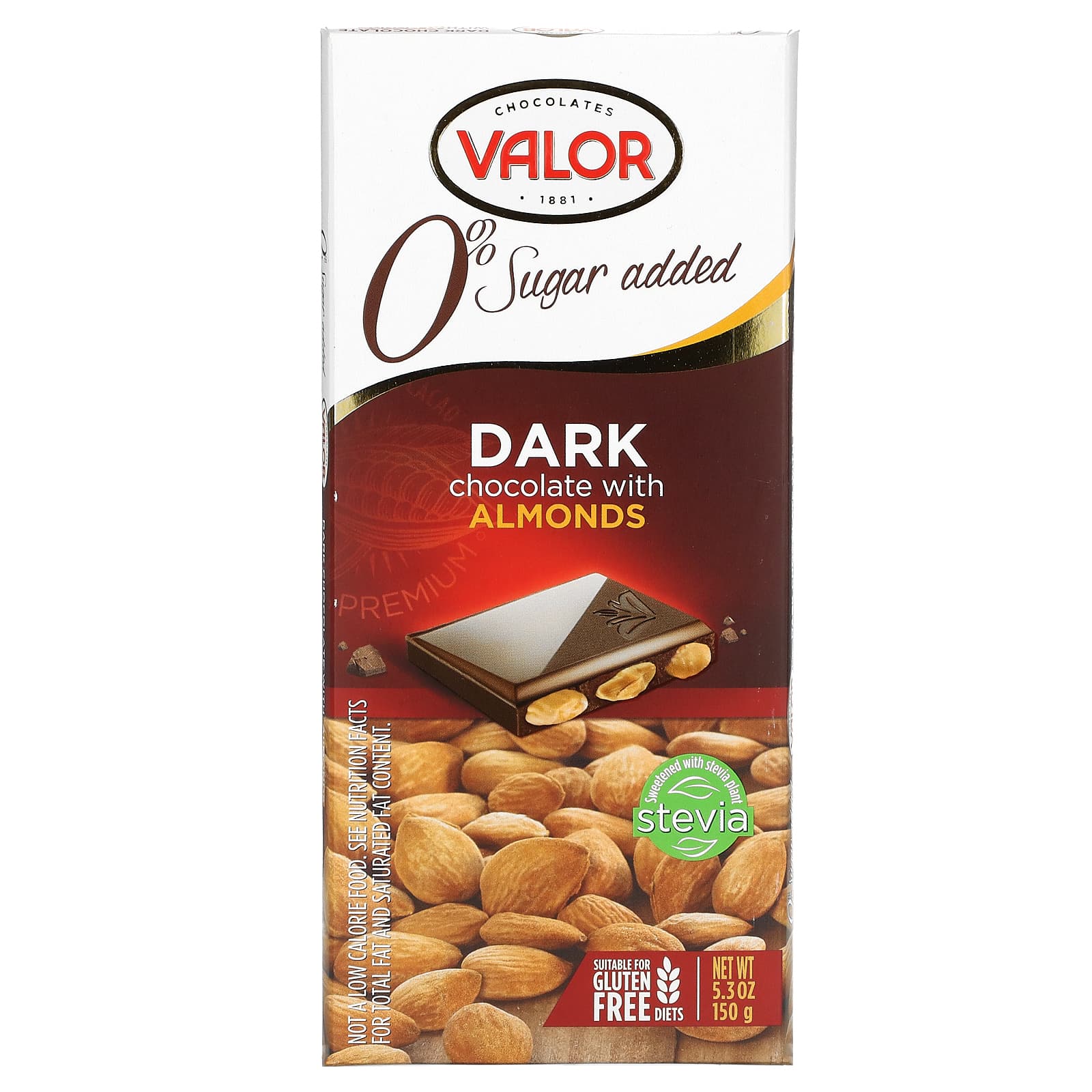 Valor-0% Sugar Added-Dark Chocolate with Almonds-5.3 oz (150 g)