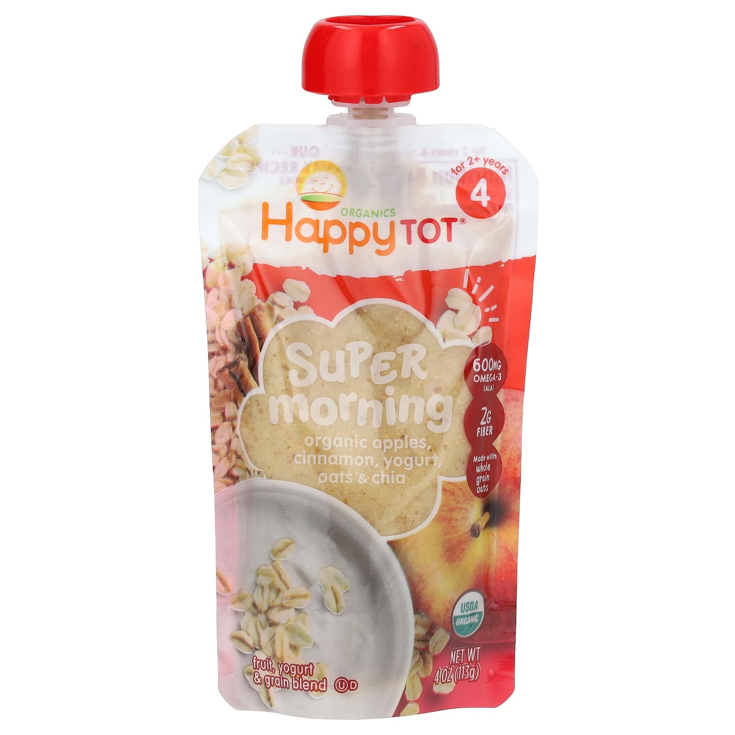 Happy Family Organics-Happy Tot-Super Morning-For 2+ Years-Organic Apples-Cinnamon-Yogurt-Oats & Chia-4 oz (113 g)