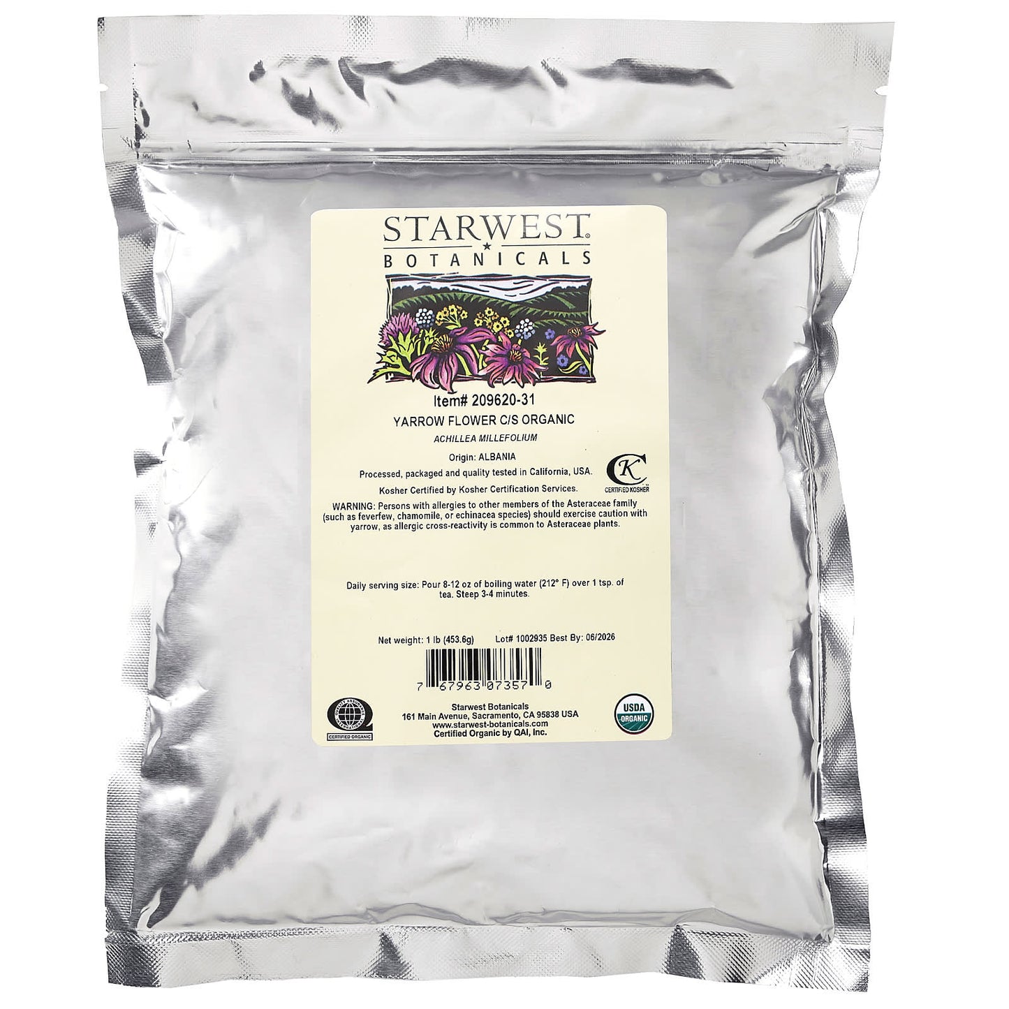 Starwest Botanicals, Organic Yarrow Flower, Cut & Shifted, 1 lb (453.6 g)