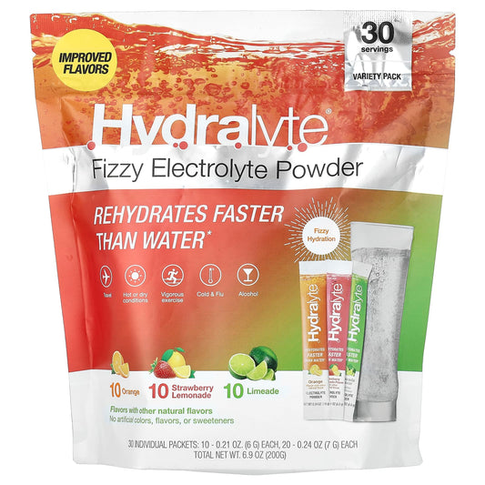 Hydralyte-Fizzy Electrolyte Powder-Variety Pack-Orange-Strawberry Lemonade-Limeade-30 Individual Packets