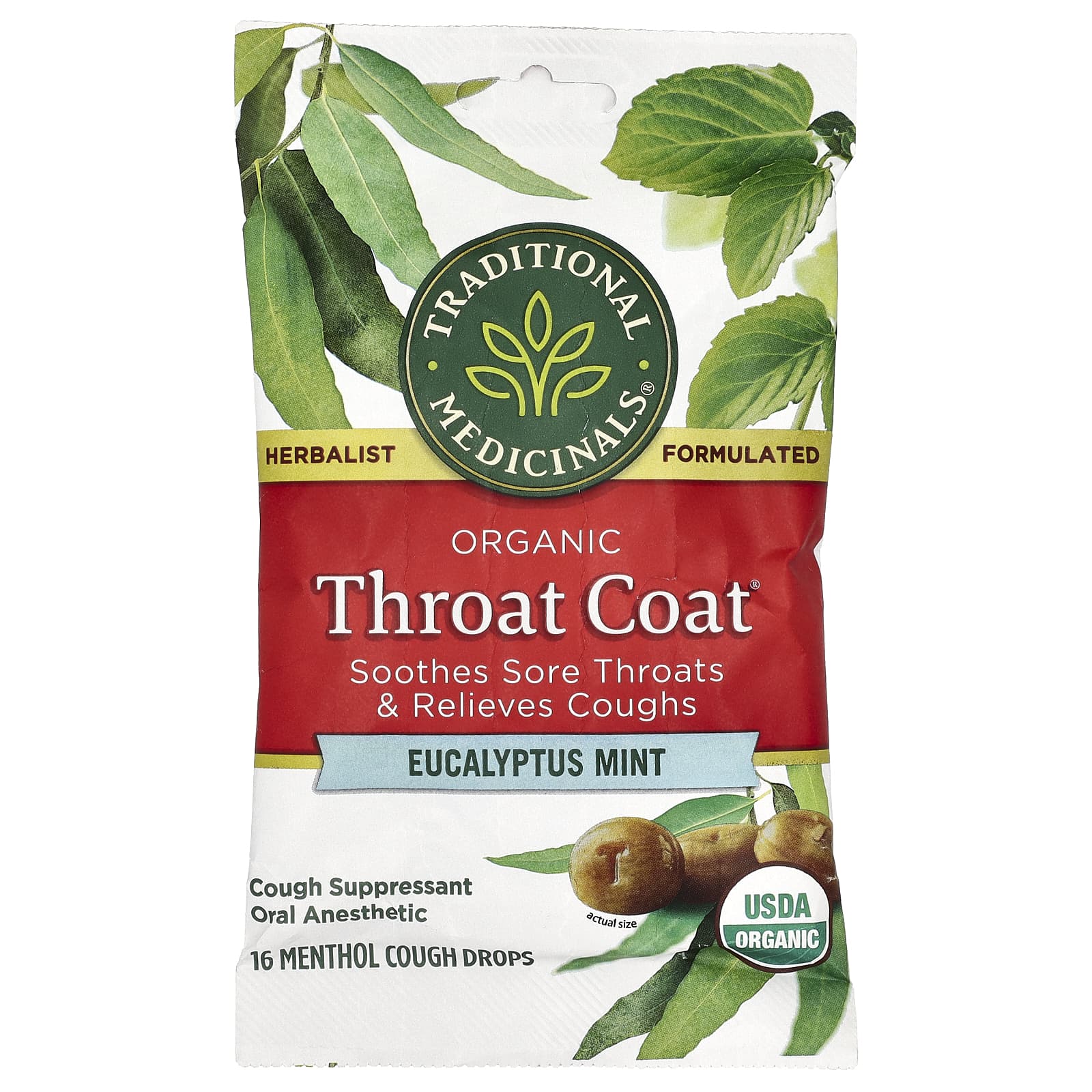 Traditional Medicinals-Organic Throat Coat Drops-Eucalyptus Mint-16 Menthol Cough Drops