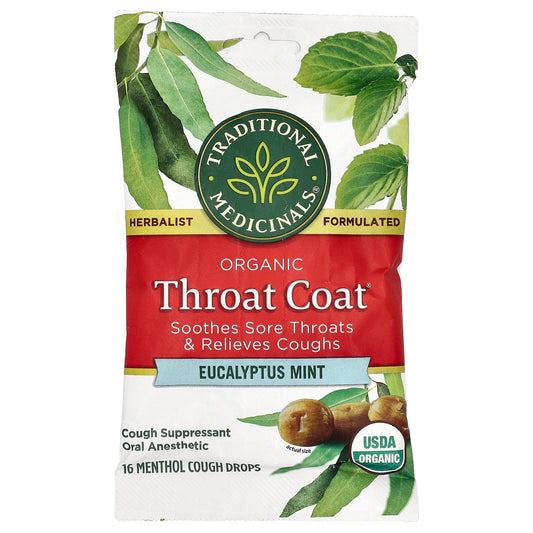 Traditional Medicinals-Organic Throat Coat Drops-Eucalyptus Mint-16 Menthol Cough Drops