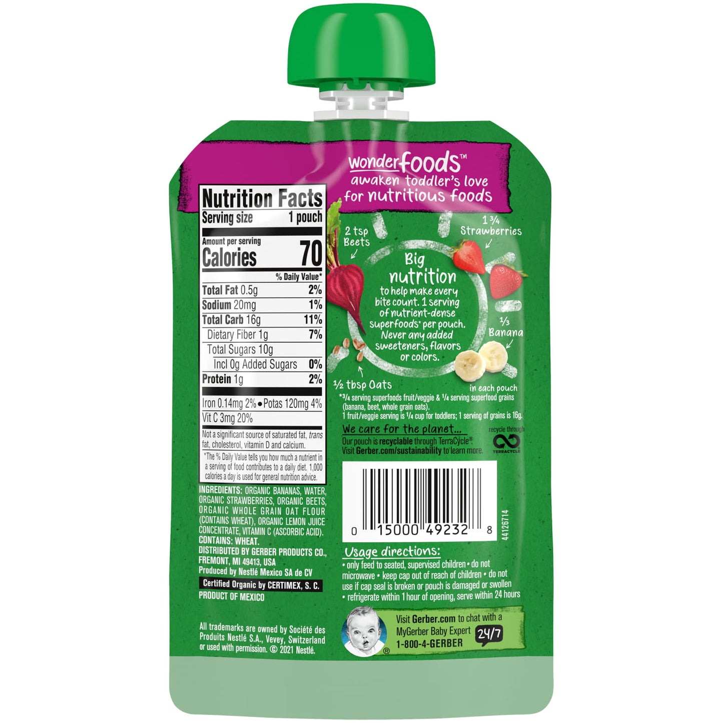 Gerber, Organic for Toddler, Wonder Foods, 12+ Months, Banana Strawberry Beet Oatmeal, 3.5 oz (99 g)