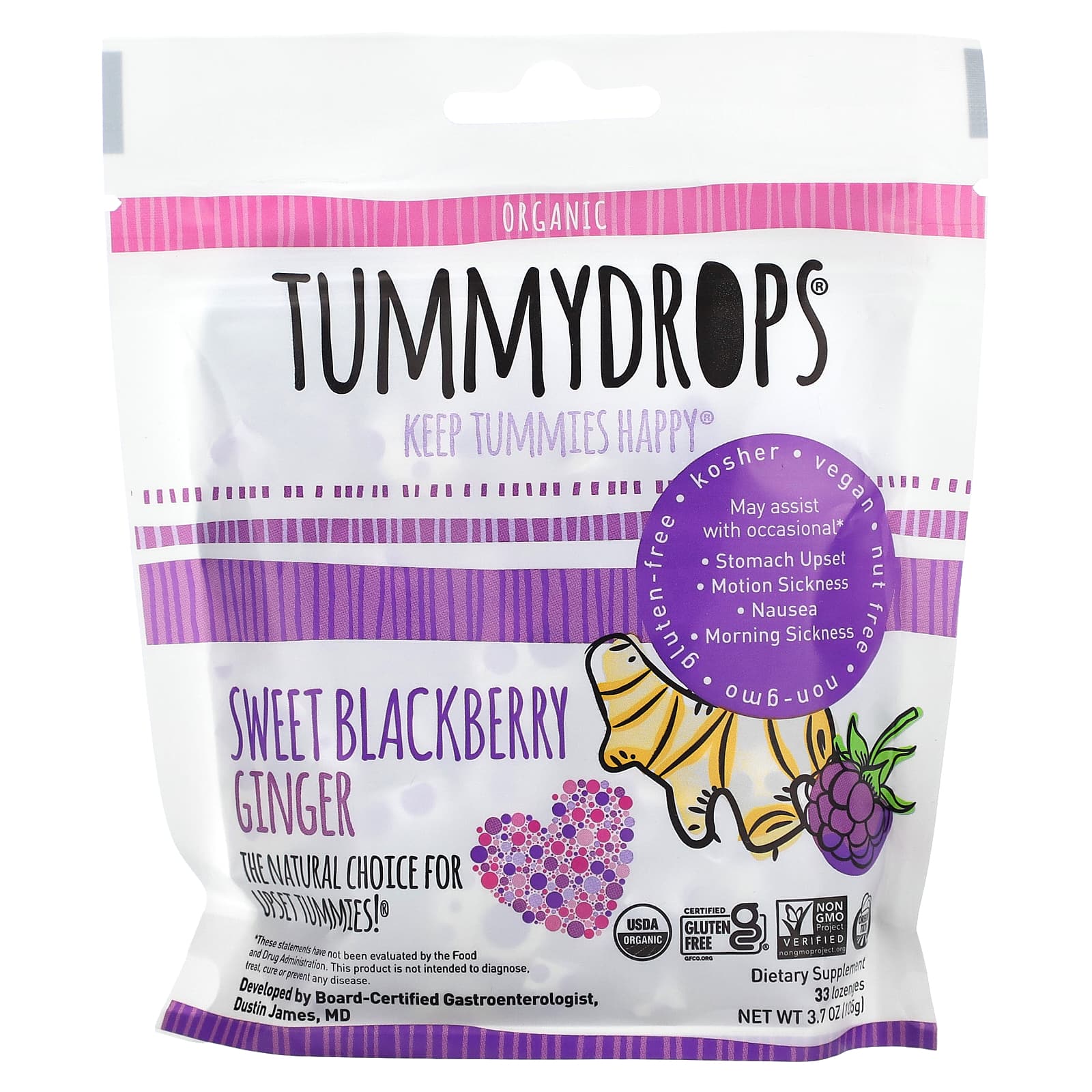 Tummydrops-Organic Sweet Blackberry Ginger -33 Lozenges-3.7 oz (105 g)