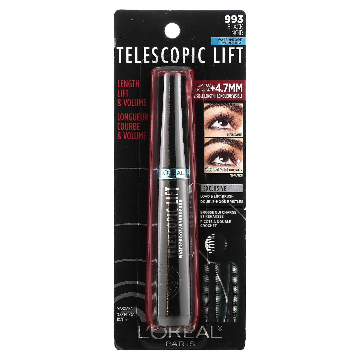 L'Oréal, Telescopic Lift Waterproof Mascara, 993 Black, 0.33 fl oz (10 ml)