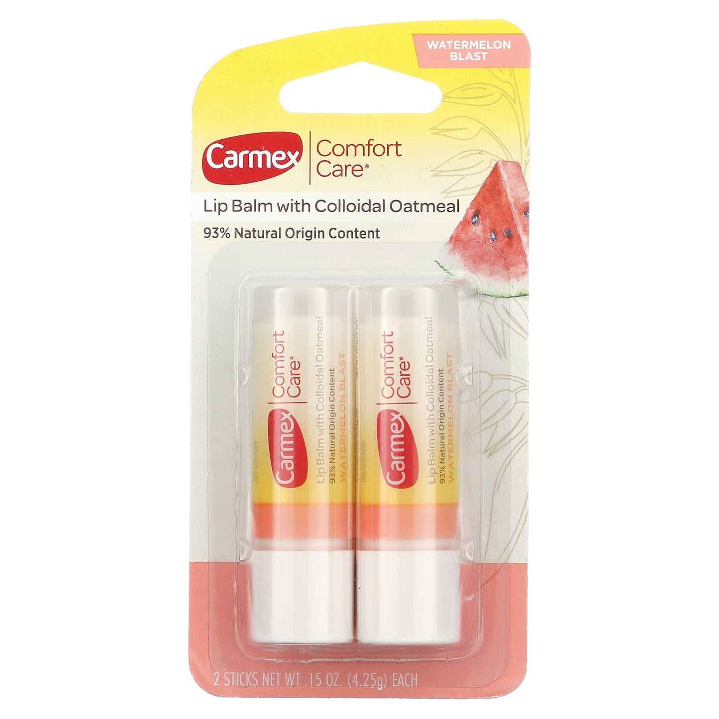 Carmex, Comfort Care, Lip Balm with Colloidal Oatmeal, Watermelon Blast, 2 Sticks, 0.15 oz (4.25 g) Each