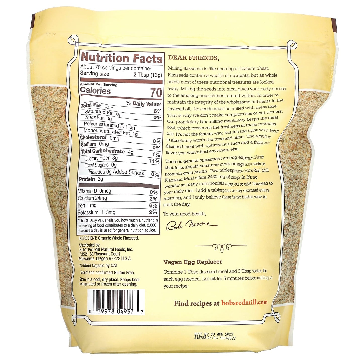 Bob's Red Mill, Organic Flaxseed Meal, Whole Ground, 32 oz (907 g)