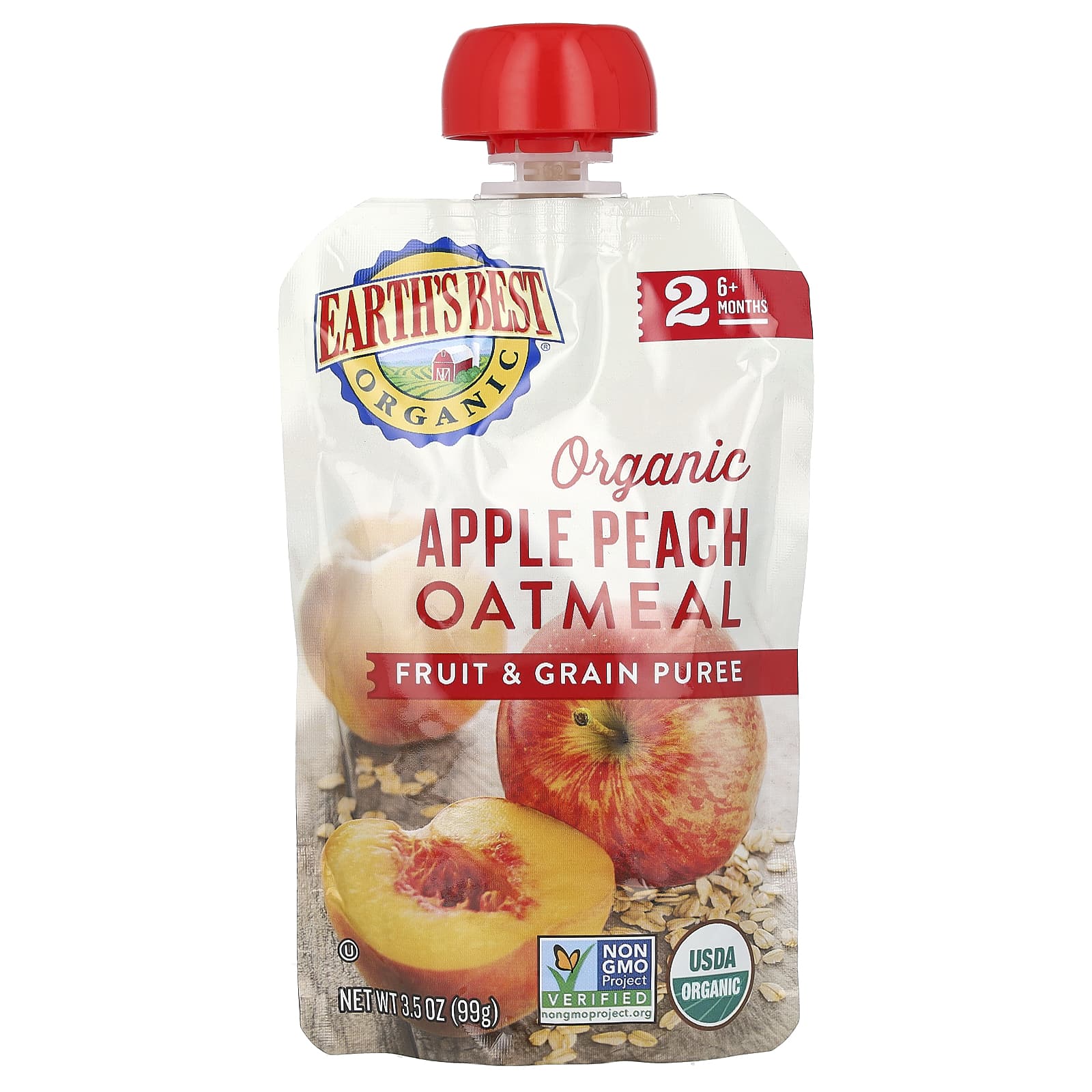 Earth's Best-Organic Fruit & Grain Puree-6+ Months-Apple Peach Oatmeal-3.5 oz (99 g)