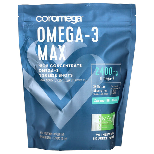 Coromega-Omega-3 Max Plus Vitamin D3-High Concentrate-Coconut Bliss-90 Single Serve Packets-(2.5 g) Each