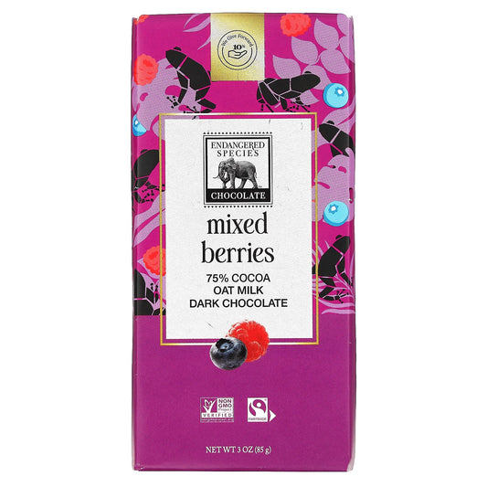 Endangered Species Chocolate-Oat Milk Dark Chocolate-Mixed Berries-75% Cocoa-3 oz (85 g)