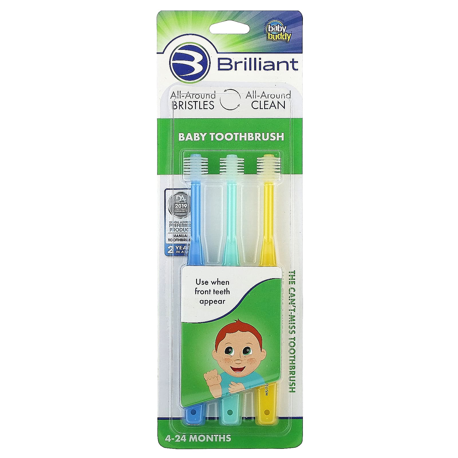 Baby Buddy-Brilliant-Baby Toothbrush-4-24 Months-Blue-Mint-Yellow-3 Toothbrushes