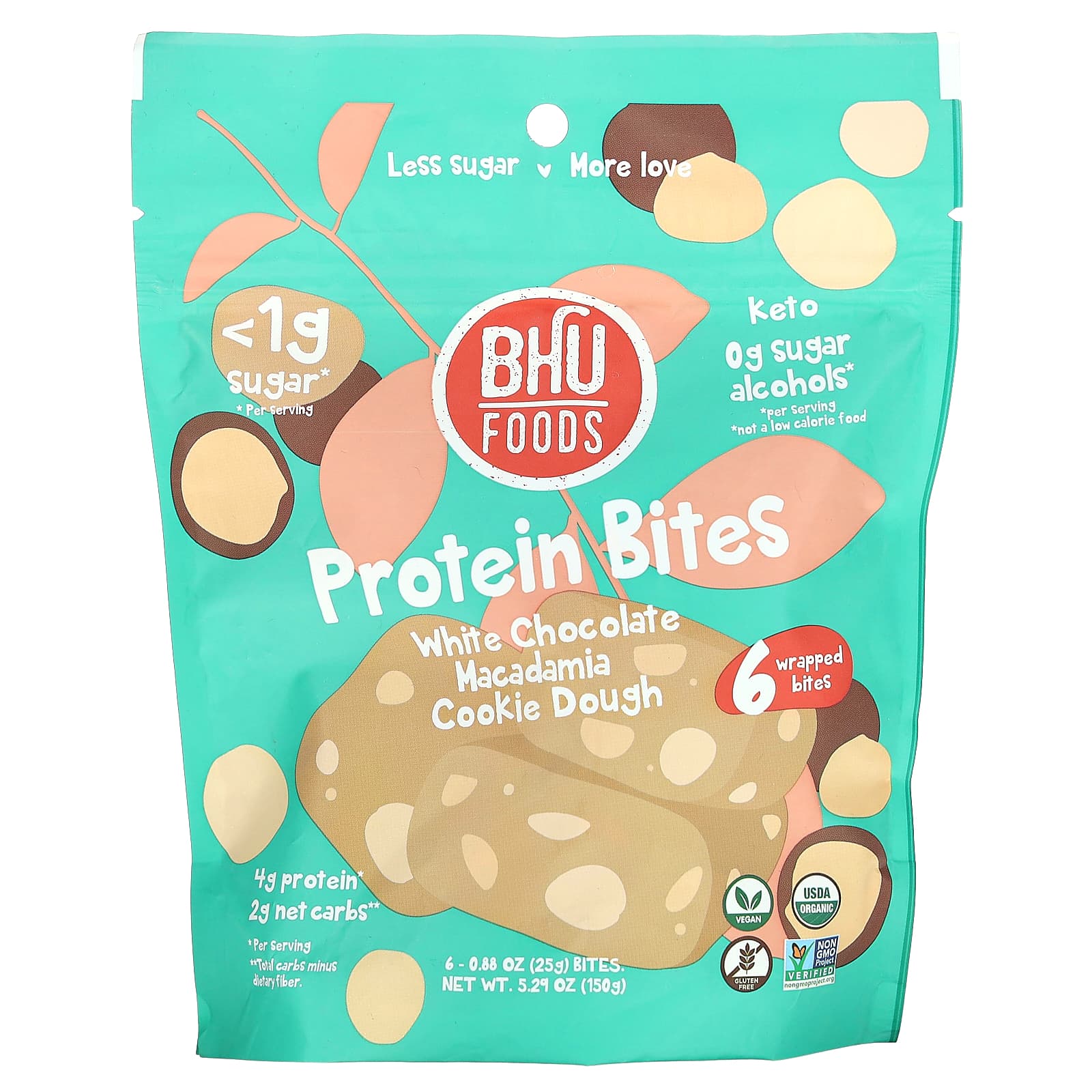 BHU Foods-Protein Bites-White Chocolate Macadamia Cookie Dough-6 Wrapped Bites-0.88 oz (25 g) Each