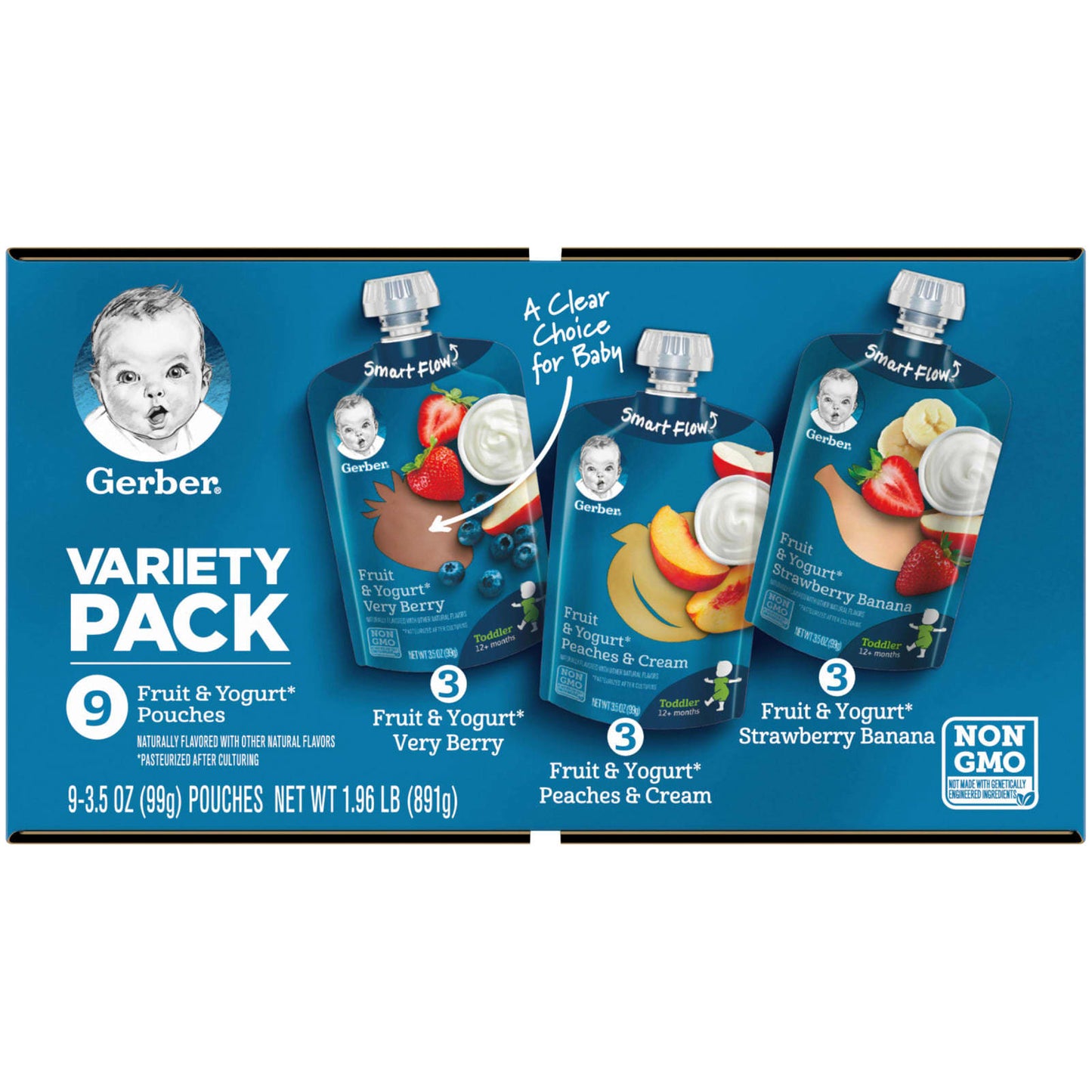 Gerber, Variety Pack, 12+ Months, Fruit & Yogurt, 9 Pouches, 3.5 oz (99 g) Each