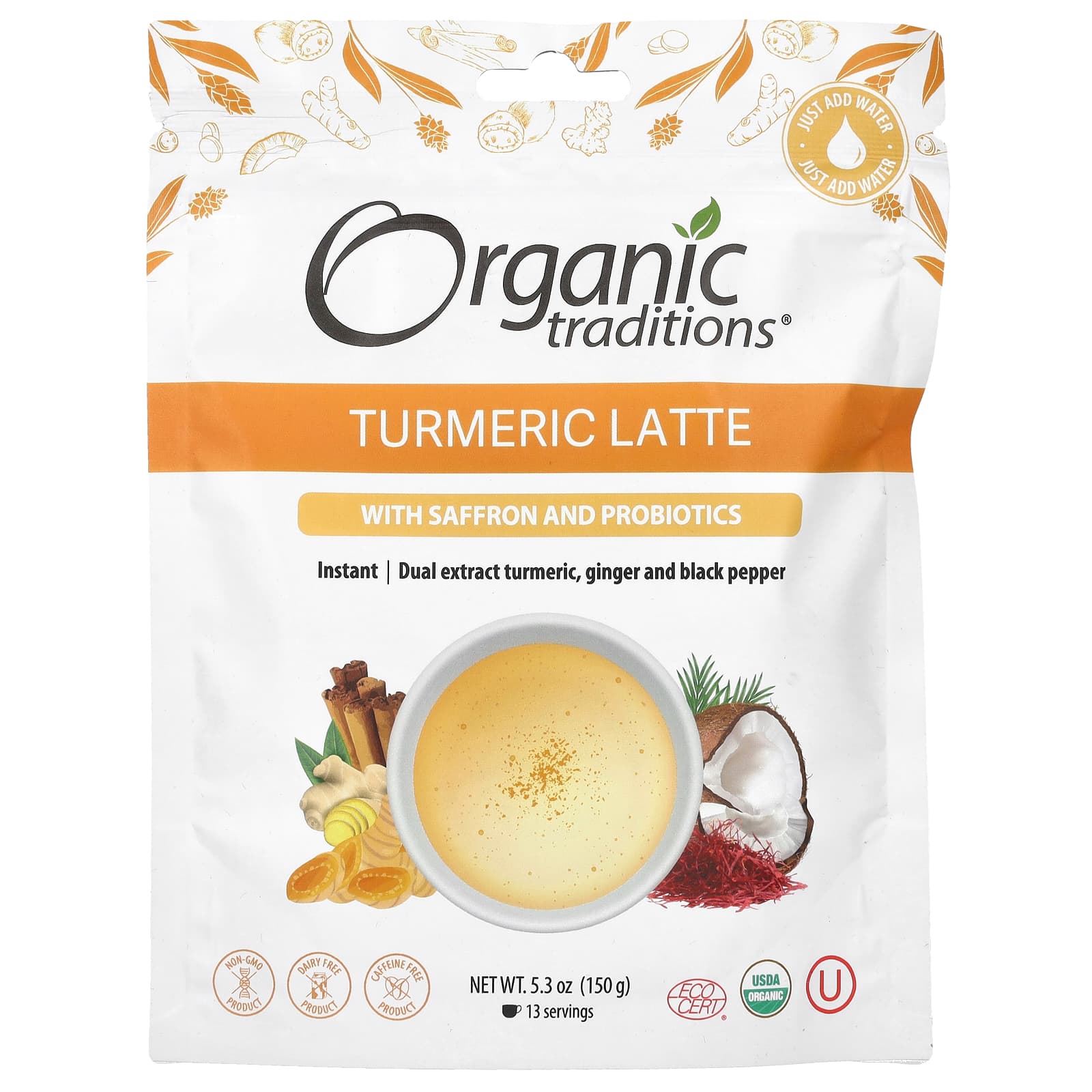 Organic Traditions-Turmeric Latte with Saffron and Probiotics-5.3 oz (150 g)