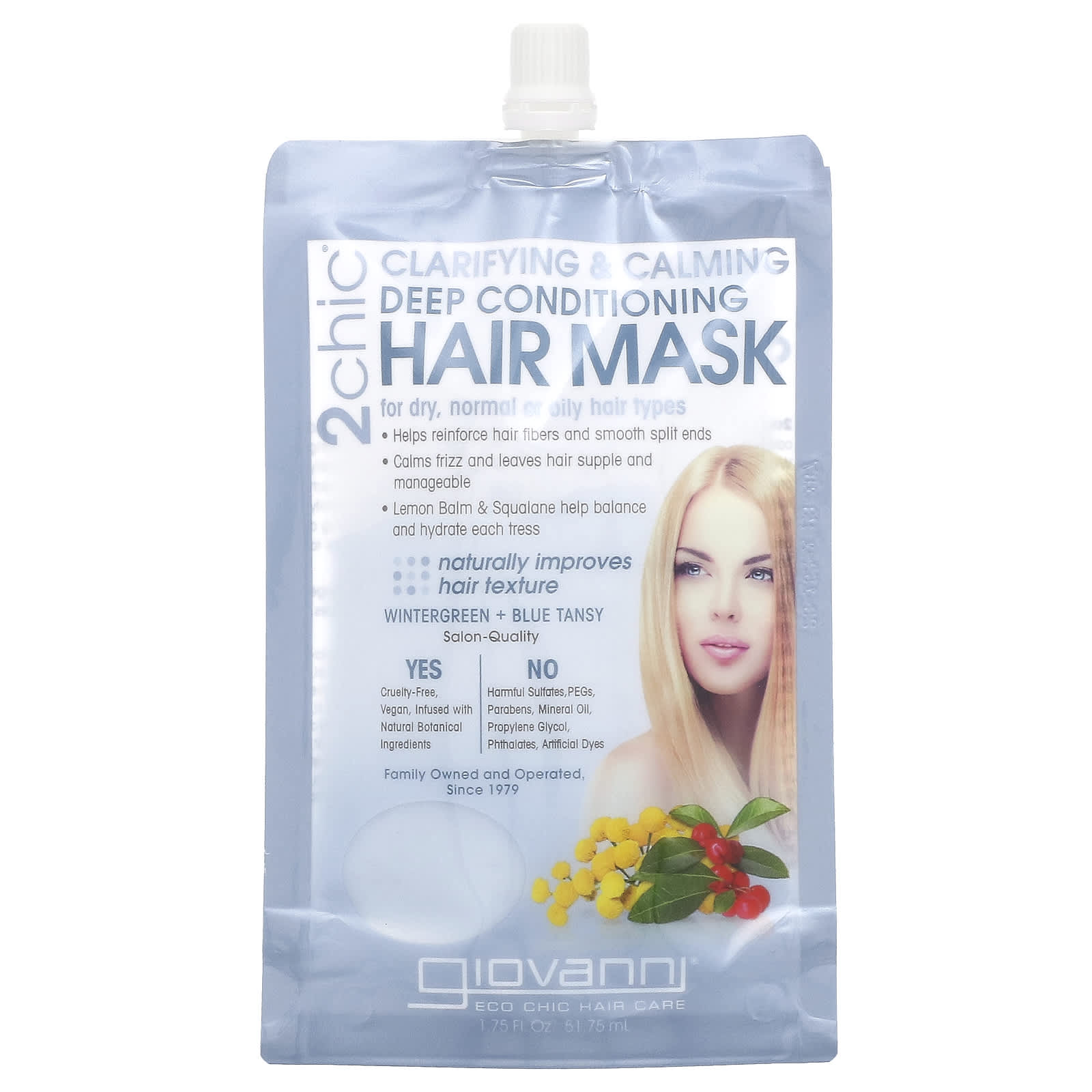 Giovanni-2chic-Clarifying & Calming-Deep Conditioning Hair Mask-Dry-Normal or Oily Hair-Wintergreen + Blue Tansy-1.75 fl oz (51.75 ml)