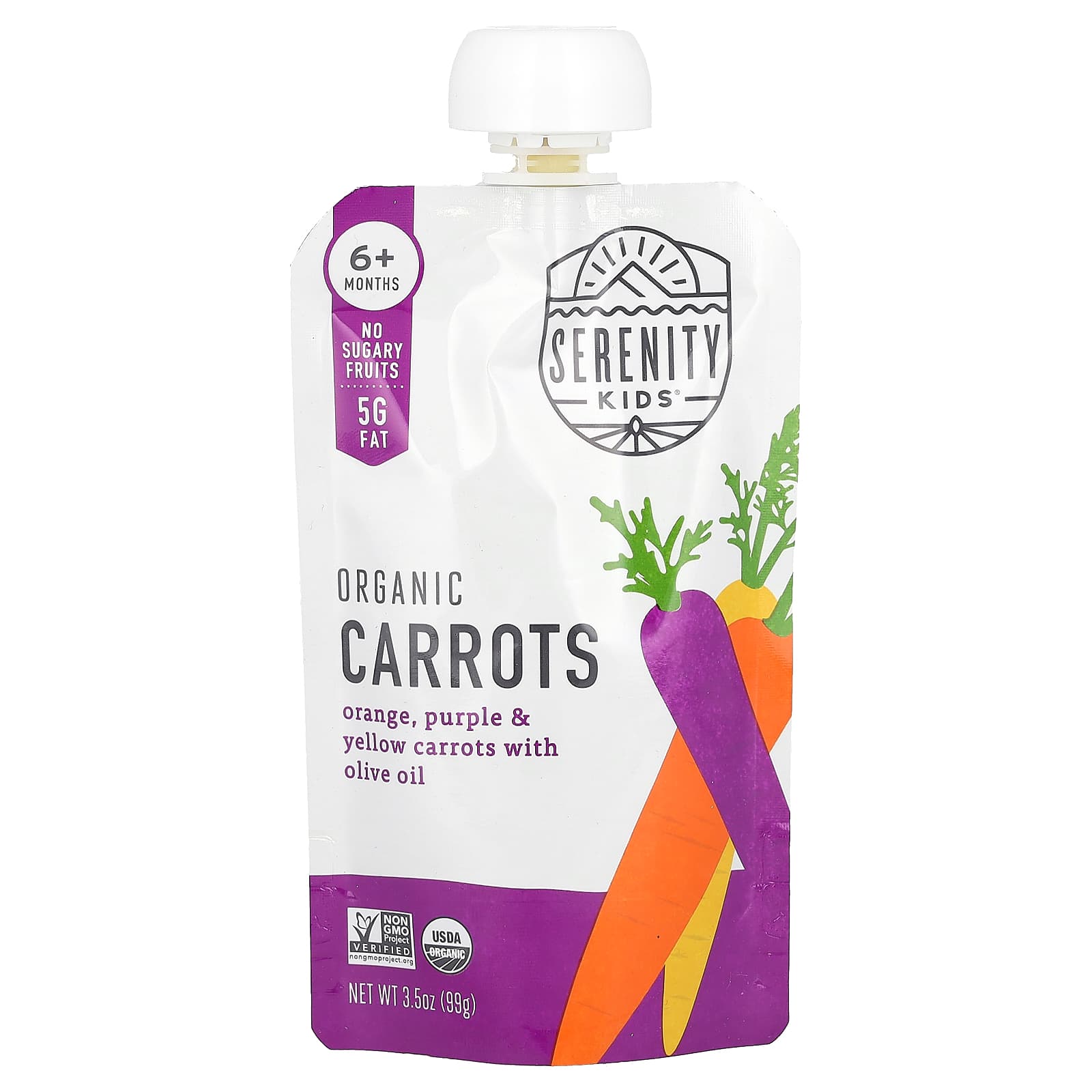 Serenity Kids-Organic Carrots-6+ Months-Orange-Purple & Yellow Carrots with Olive Oil-3.5 oz (99 g)