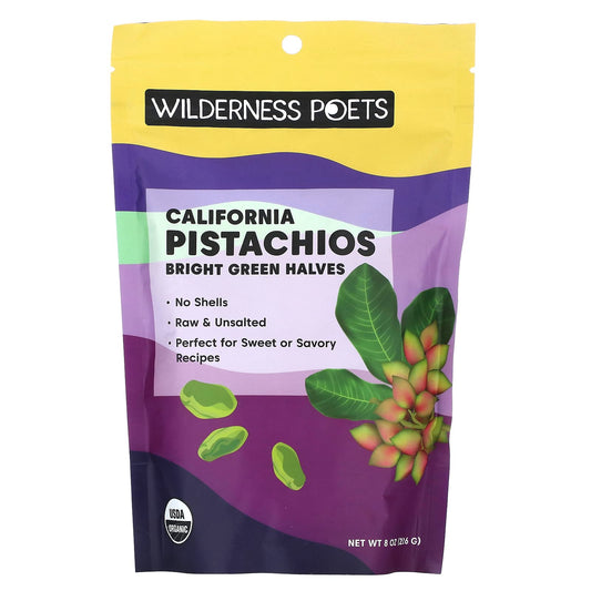 Wilderness Poets-Organic California Pistachios-Bright Green Halves-Unsalted-8 oz (226 g)