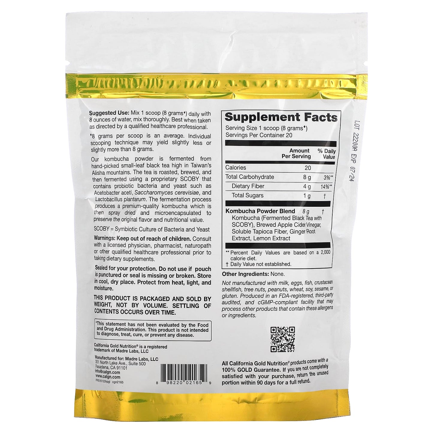 California Gold Nutrition, SUPERFOODS - Kombucha Powder, Ginger Lemon, 5.64 oz (160 g)