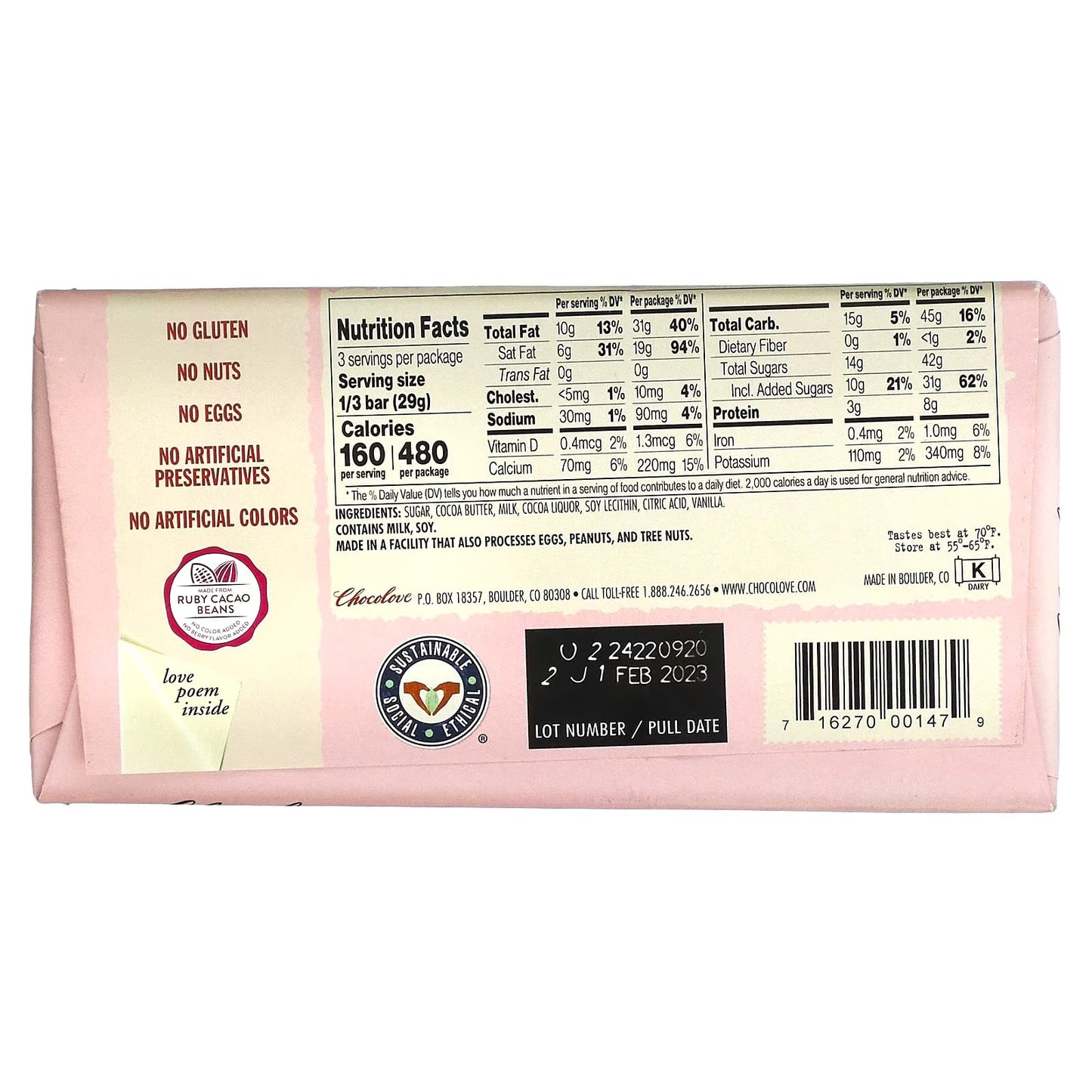 Chocolove, Ruby Cacao Bar, 34% Cocoa, 3.1 oz (87 g)