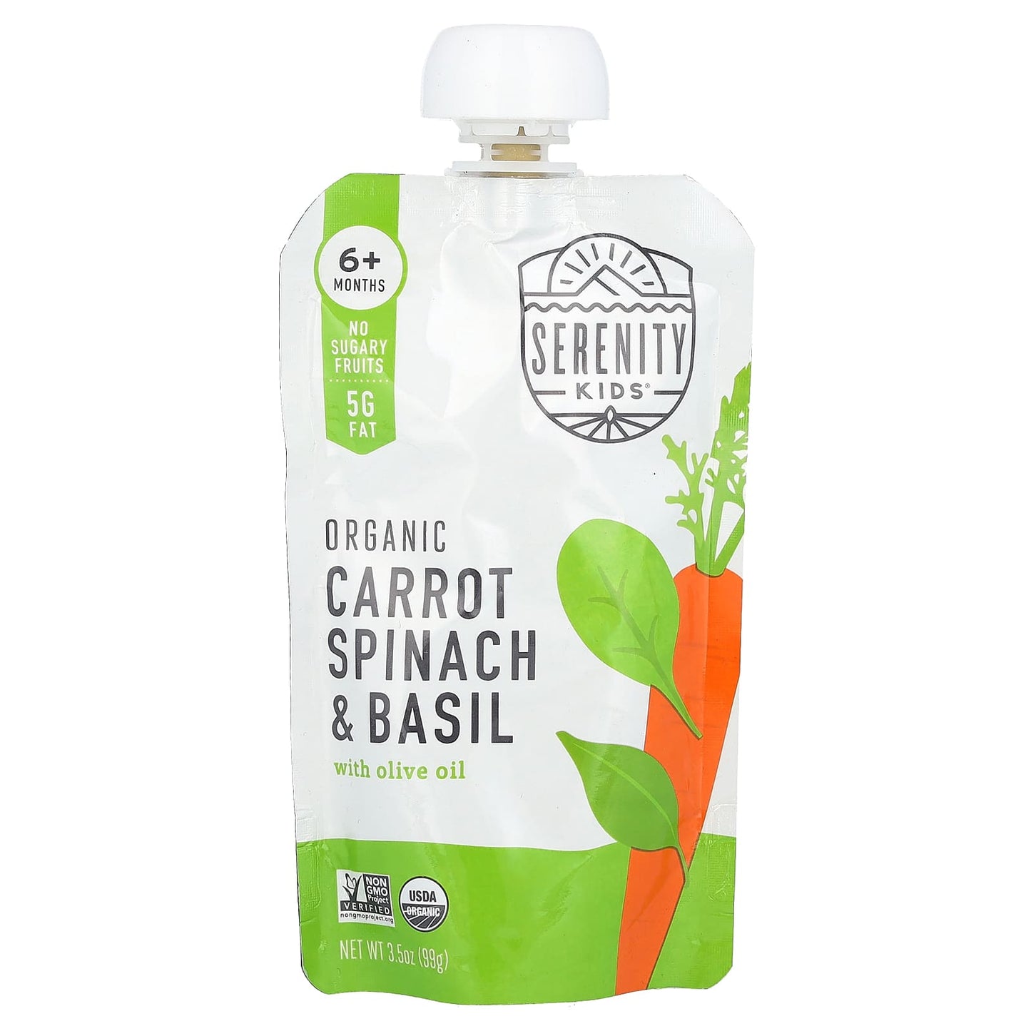 Serenity Kids-Organic Carrot-Spinach & Basil with Olive Oil- 6+ Months-3.5 oz (99 g)