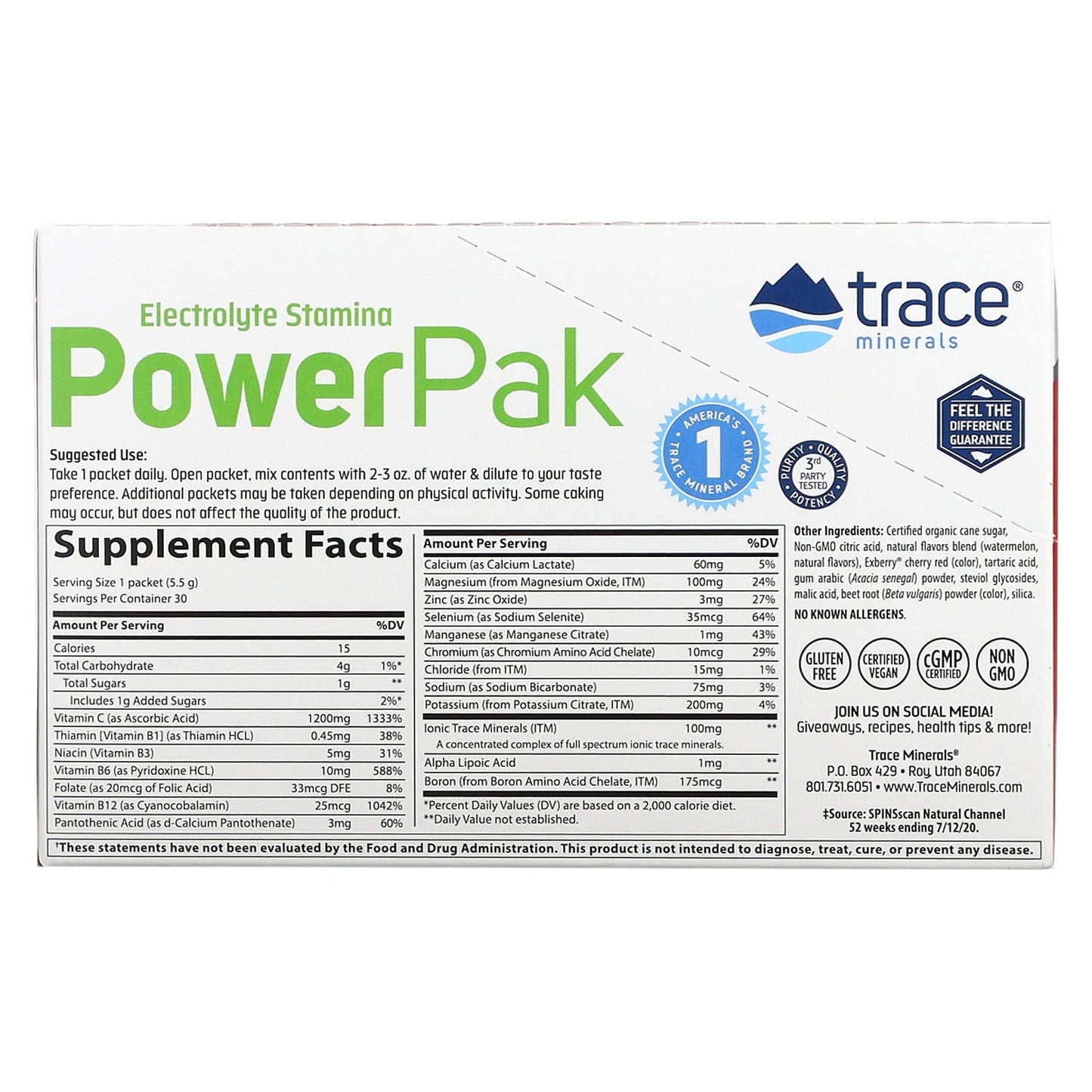 Trace Minerals ®, Electrolyte Stamina PowerPak, Watermelon, 30 Packets, 0.19 oz (5.5 g) Each