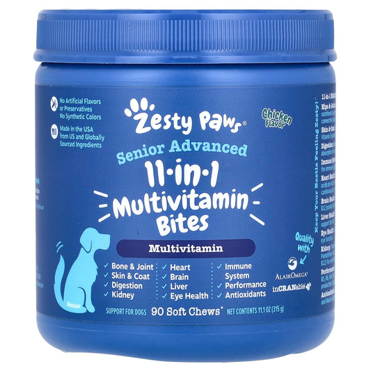 Zesty Paws-Senior Advanced-11 in 1 Multivitamin Bites-For Dogs-Chicken-90 Soft Chews-11.1 oz (315 g)