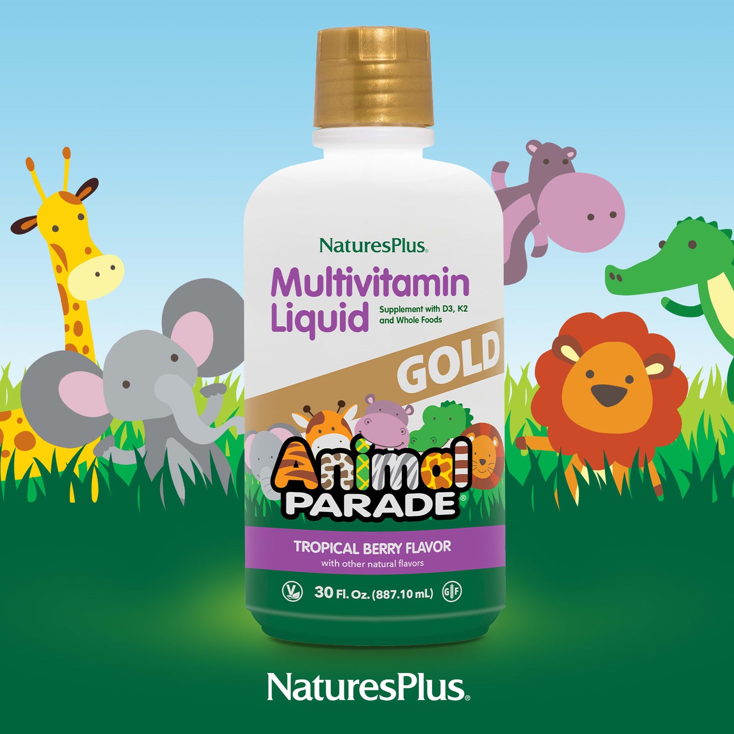 NaturesPlus, Animal Parade Gold, Multivitamin Liquid, Tropical Berry, 30 fl oz (887.1 ml)