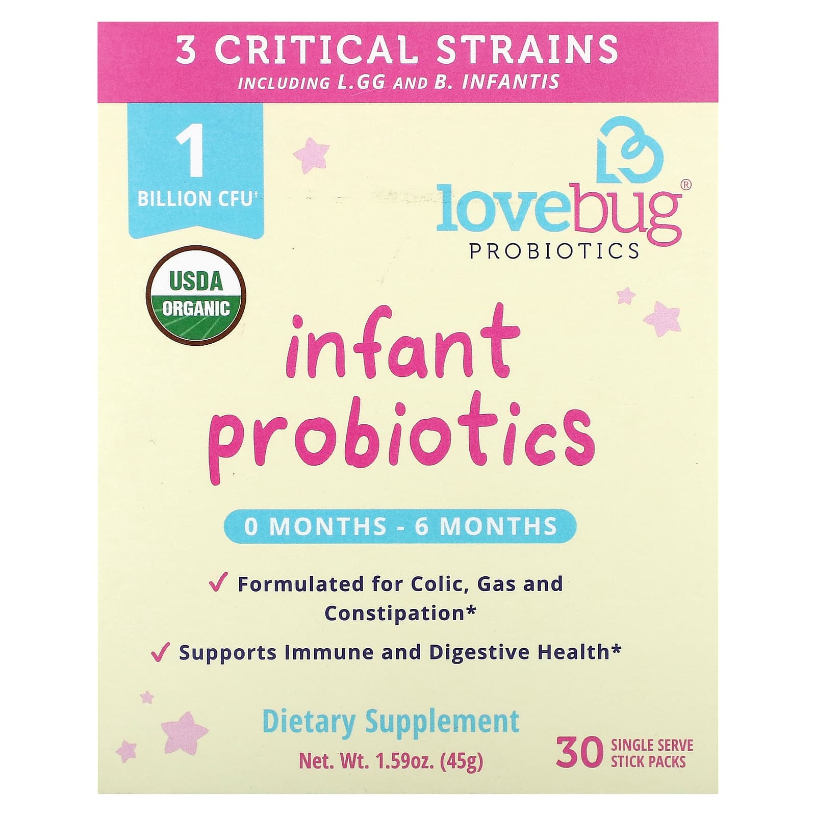 LoveBug Probiotics-Infant Probiotics-0-6 Months-1 Billion CFU-30 Single Serve Stick Packs-0.05 oz (1.5 g) Each